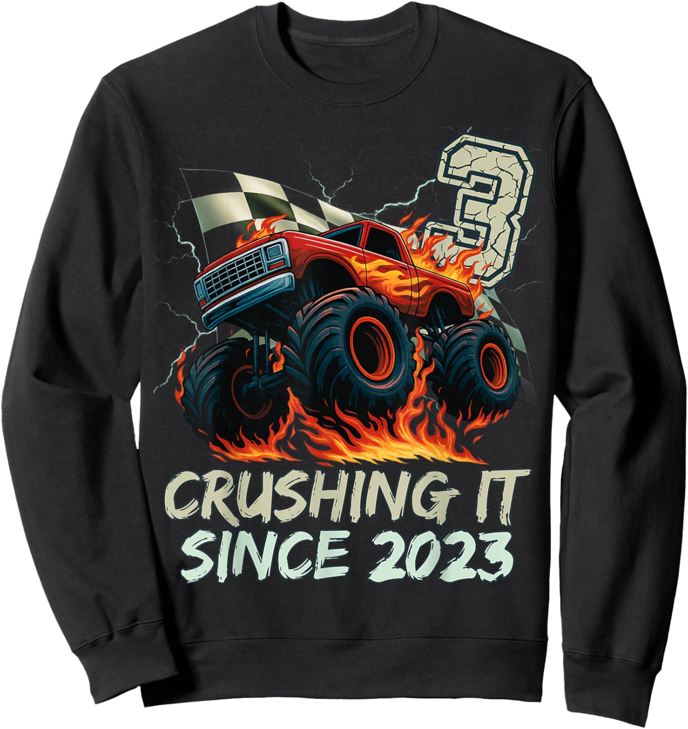 Birthday Monster Truck 3 Year Old Boys 3rd Party Born 2023 Sweatshirt - Sweatshirt | Black