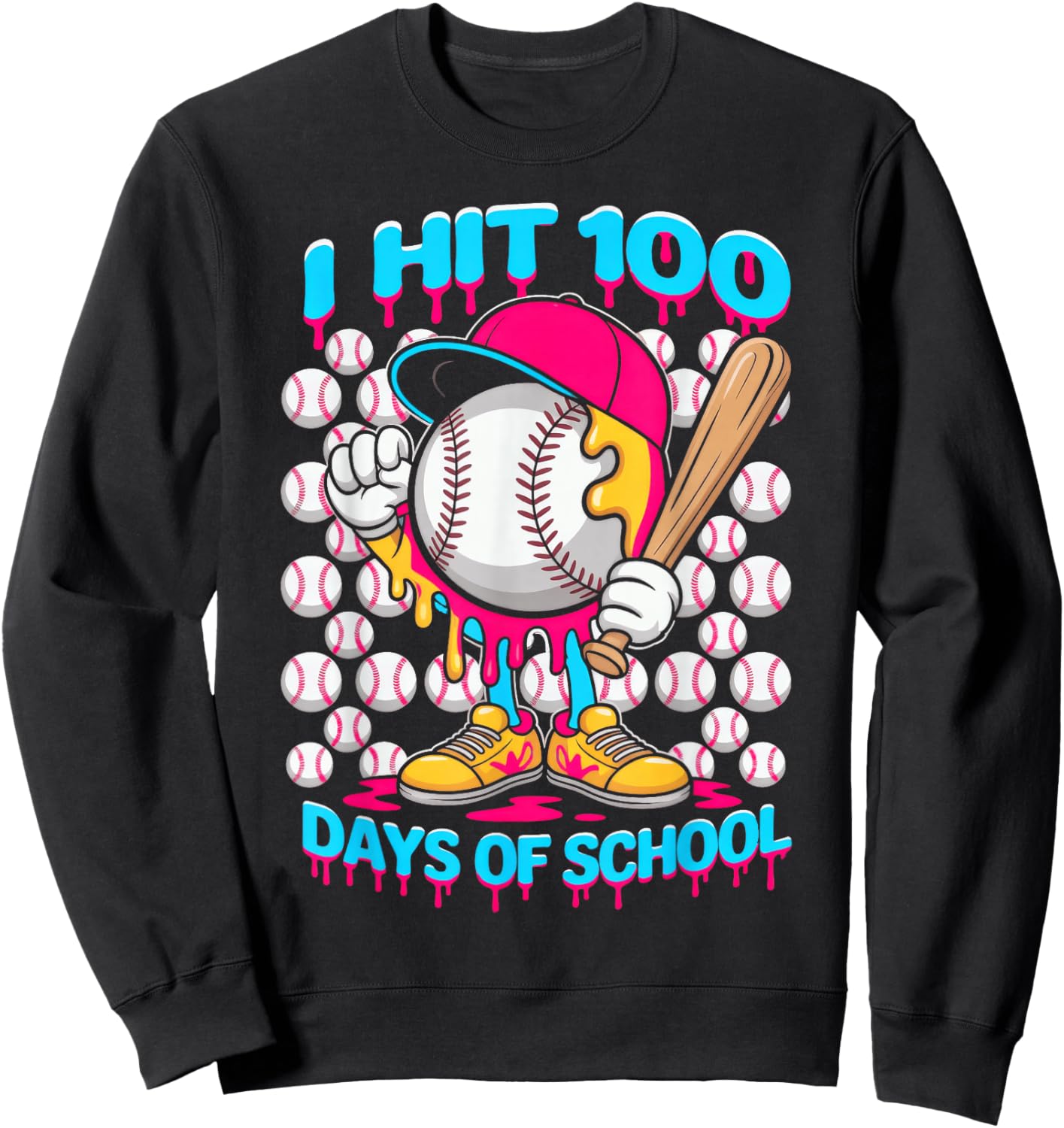 I hit 100 Days of School, Baseball Ice Cream Drip Sweatshirt - Sweatshirt | Black