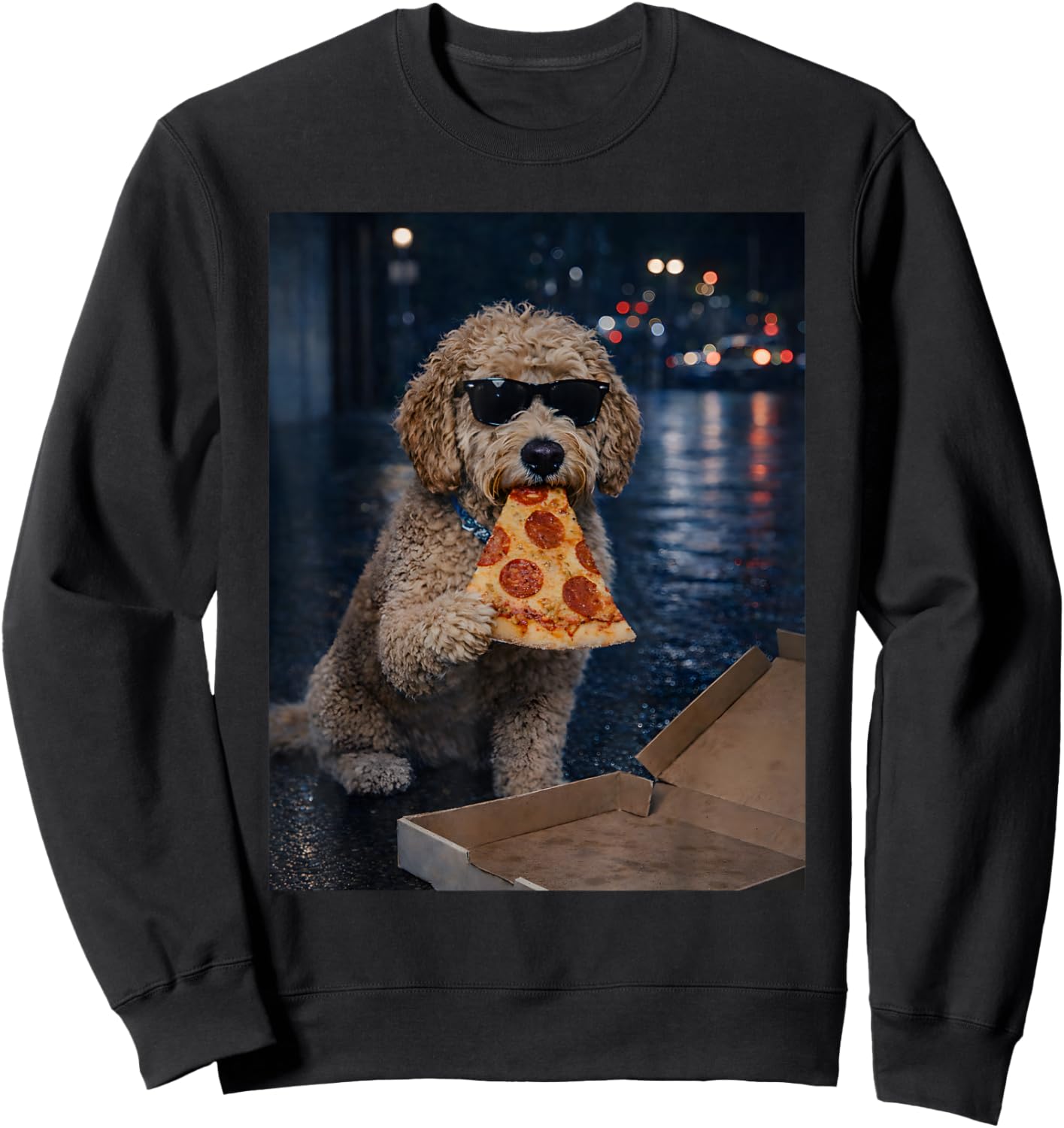 Funny Goldendoodle Dog Eating Pizza Meme Retro Sweatshirt - Sweatshirt | Black