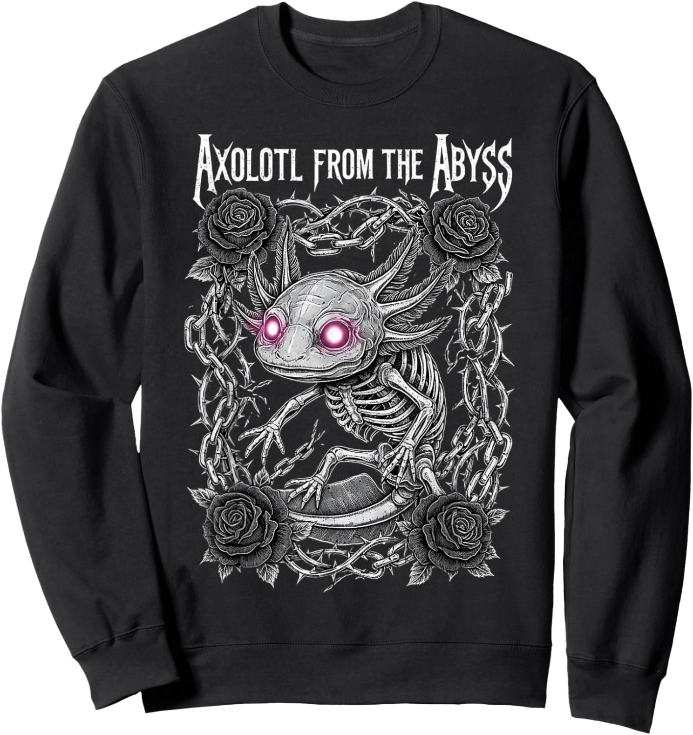 Skeleton Axolotl Gothic Heavy Metal Roses and Chains Sweatshirt - Sweatshirt | Black