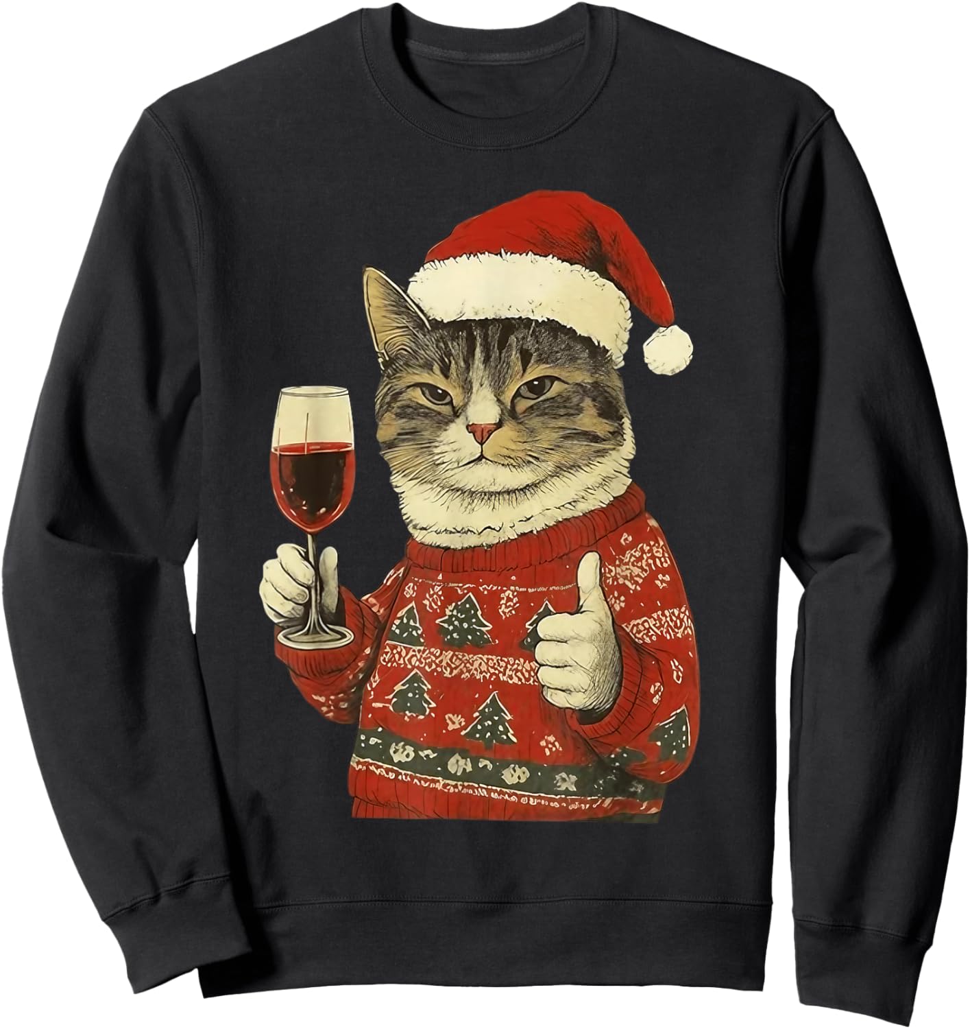 Christmas Cat Likes Cute Cat Drinking Wine with Santa Hat Sweatshirt - Sweatshirt | Black