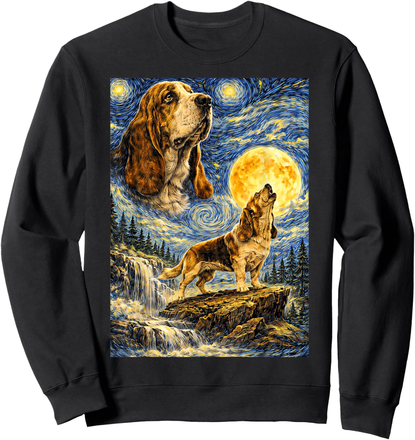 Basset Hound Starry Night Van Gogh Cute Howling Dog Sweatshirt - Sweatshirt | Black