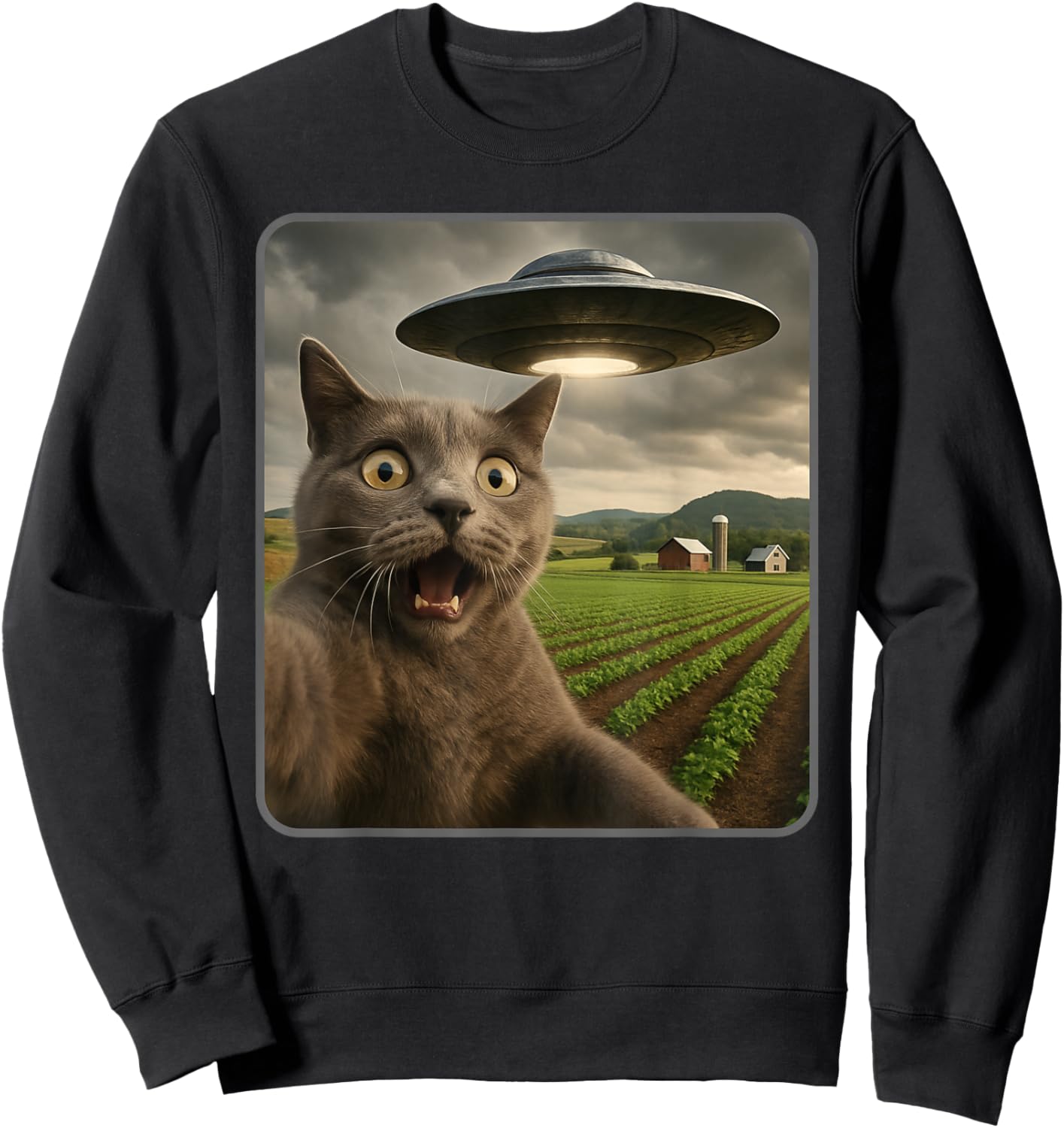 Funny Cat Selfie with UFO Alien Meme Sweatshirt - Sweatshirt | Black