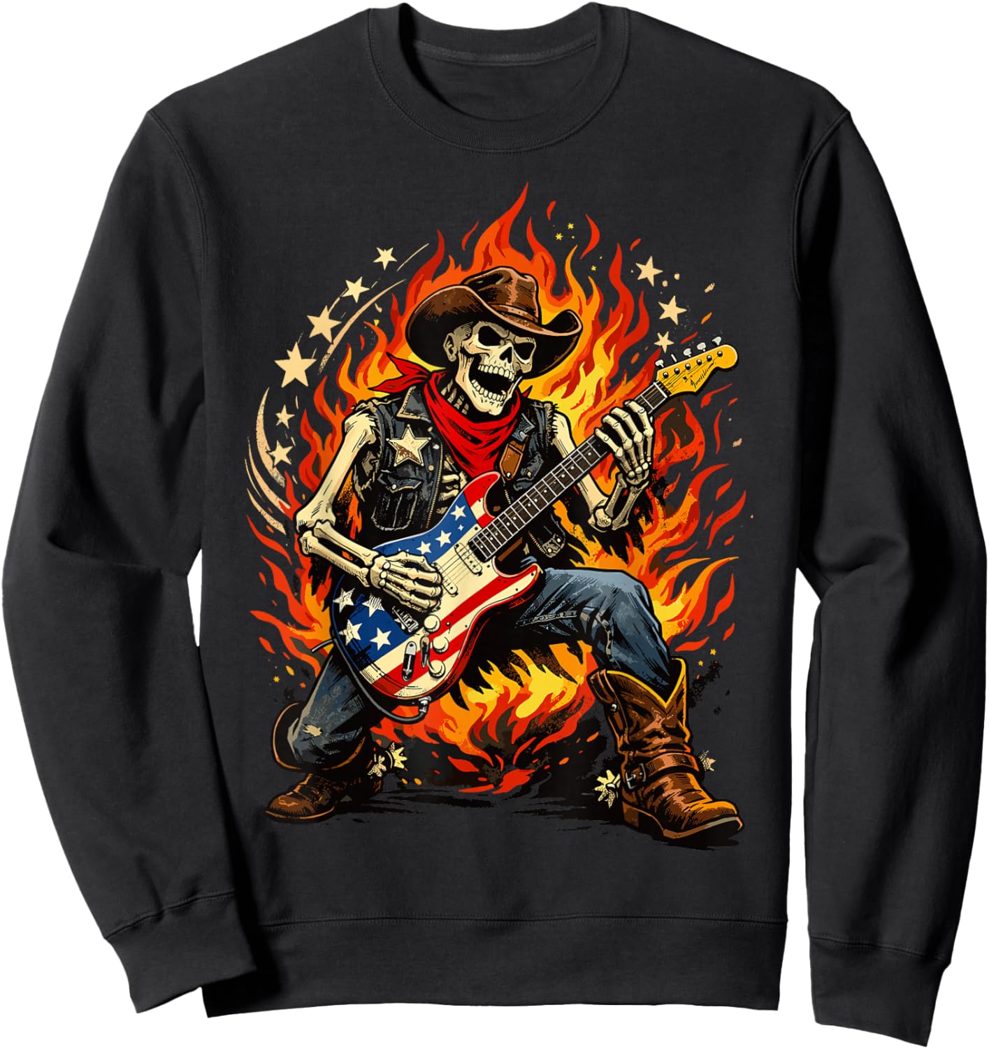 American Flag Guitar Skeleton Country Rock Rider Sweatshirt - Sweatshirt | Black