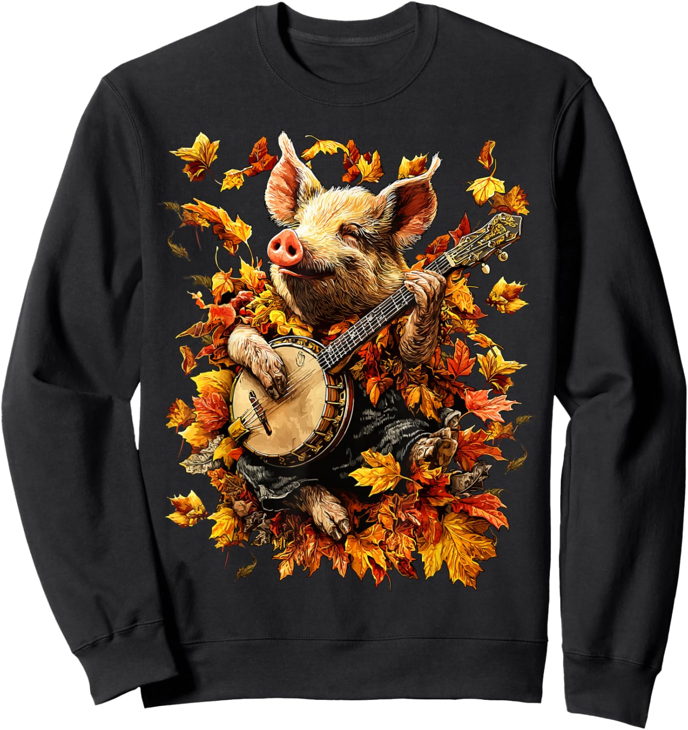 Banjoist Pig Playing Banjo Picker Fall Leaves Autumn Animal Sweatshirt - Sweatshirt | Black