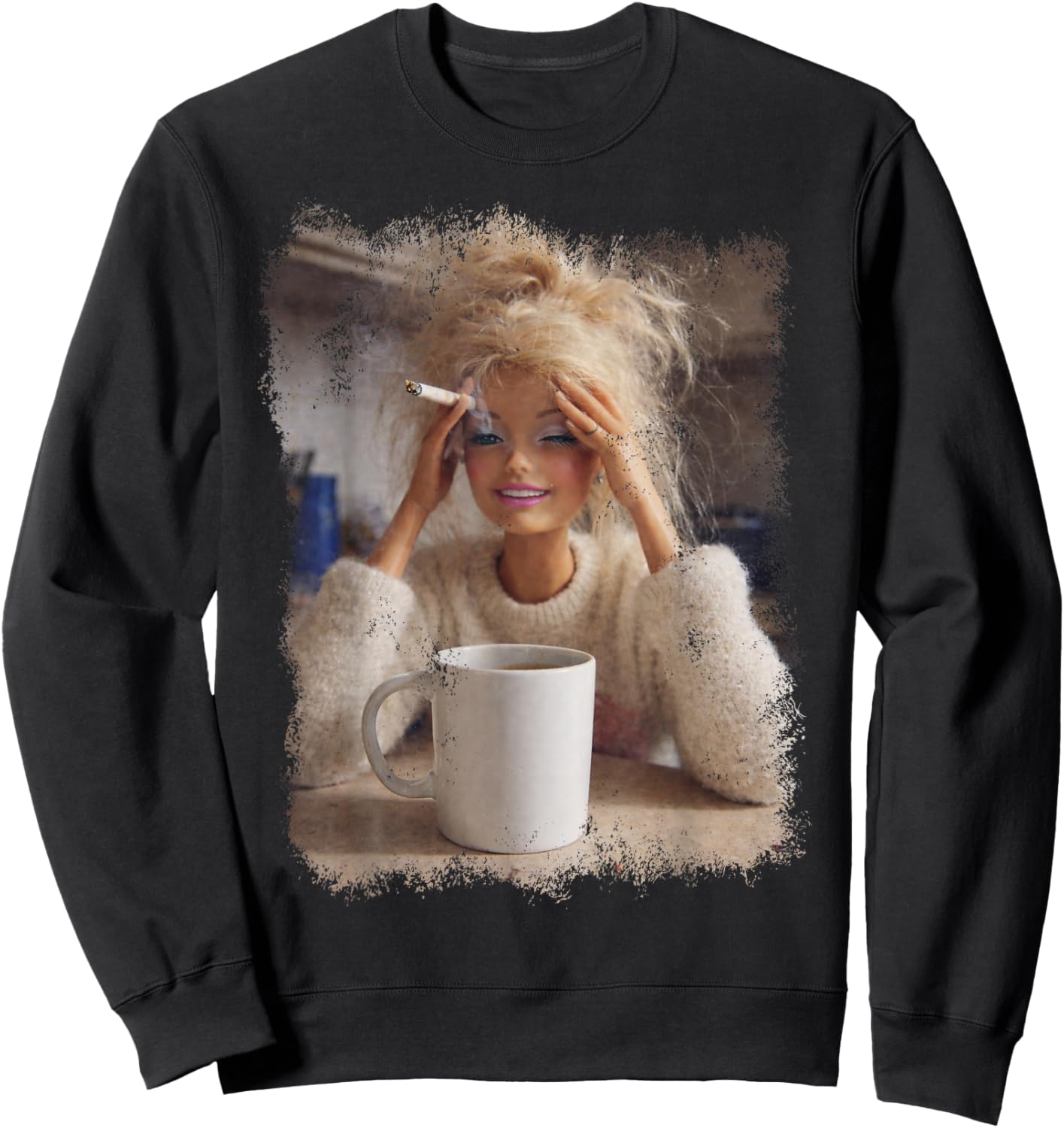 Funny Doll Face Meme Distressed Smoking Doll Meme Hilarious Sweatshirt - Sweatshirt | Black