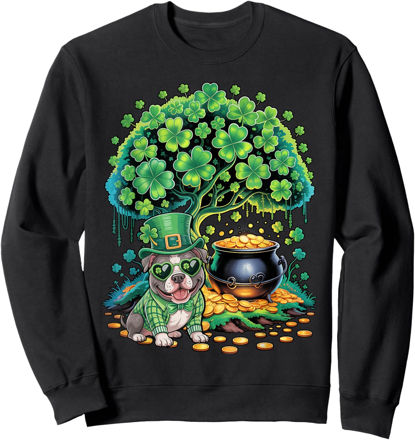 Shamrock Tree Leprechaun Hat Pitbull Dog St Patricks Day Sweatshirt - Sweatshirt | Black