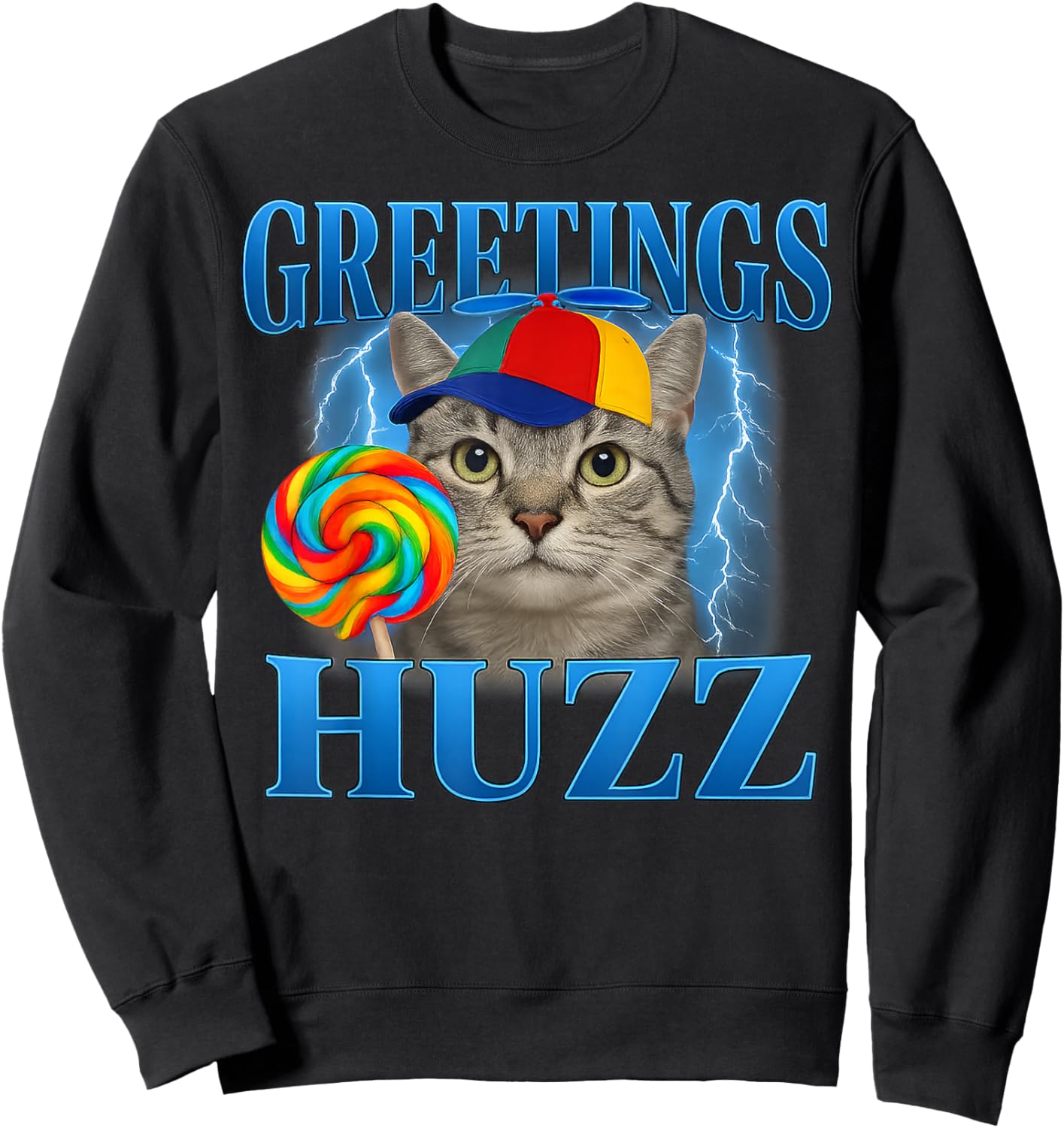 Greetings Huzz Funny Cat Meme Design Gifts Women Kid Sweatshirt - Sweatshirt | Black
