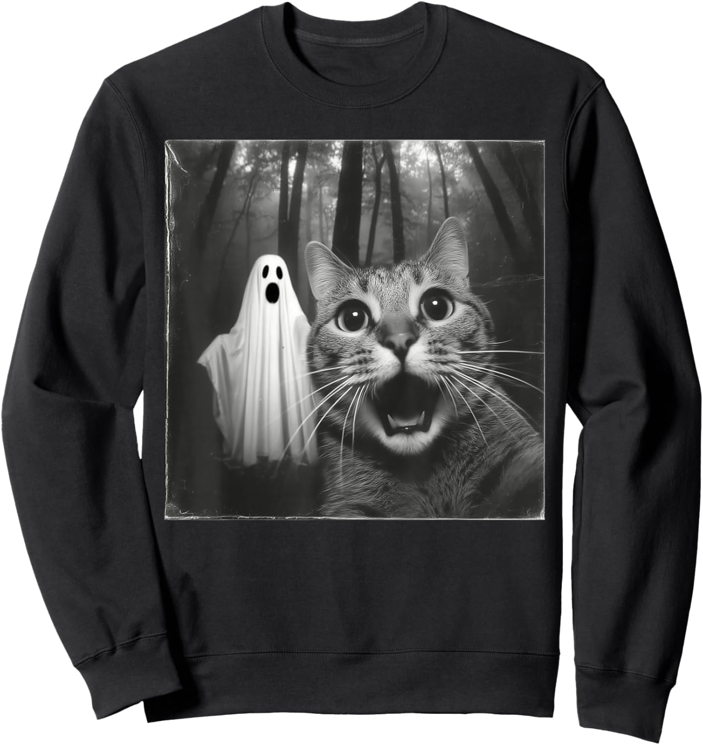 Funny Surprised Scared Cat Selfie with Ghost Halloween Lover Sweatshirt - Sweatshirt | Black