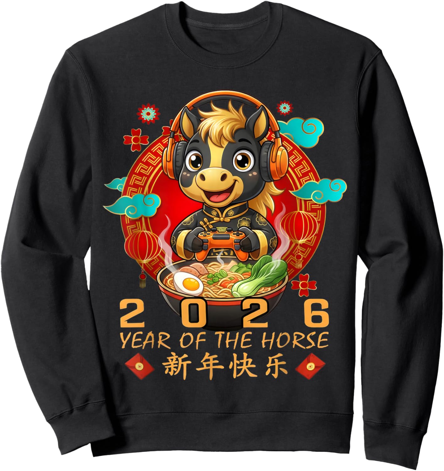 Year of The Horse 2026 Chinese New Year Gamer Horse for Kids Sweatshirt - Sweatshirt | Black