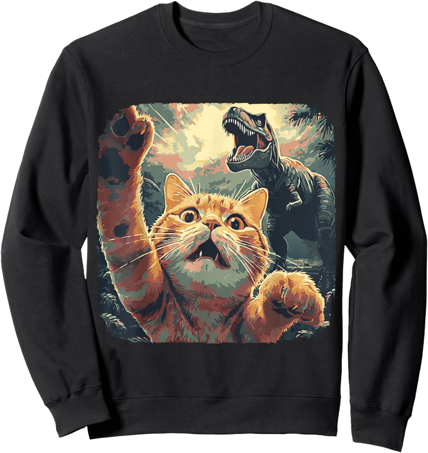Funny Cat Selfie with T-Rex Dinosaur Cartoon Meme Sweatshirt - Sweatshirt | Black