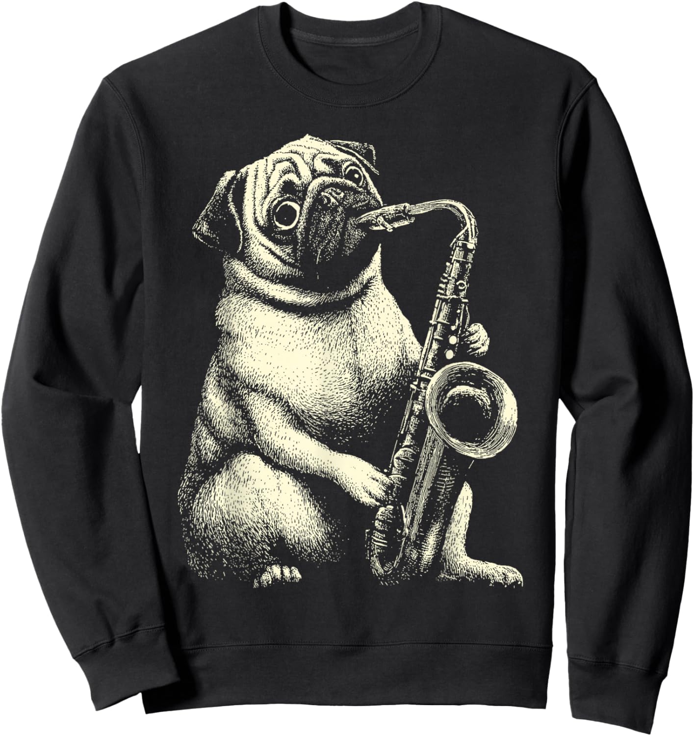 Cute Pug Playing Saxophone Player Funny Jazz Musician Dog Sweatshirt - Sweatshirt | Black