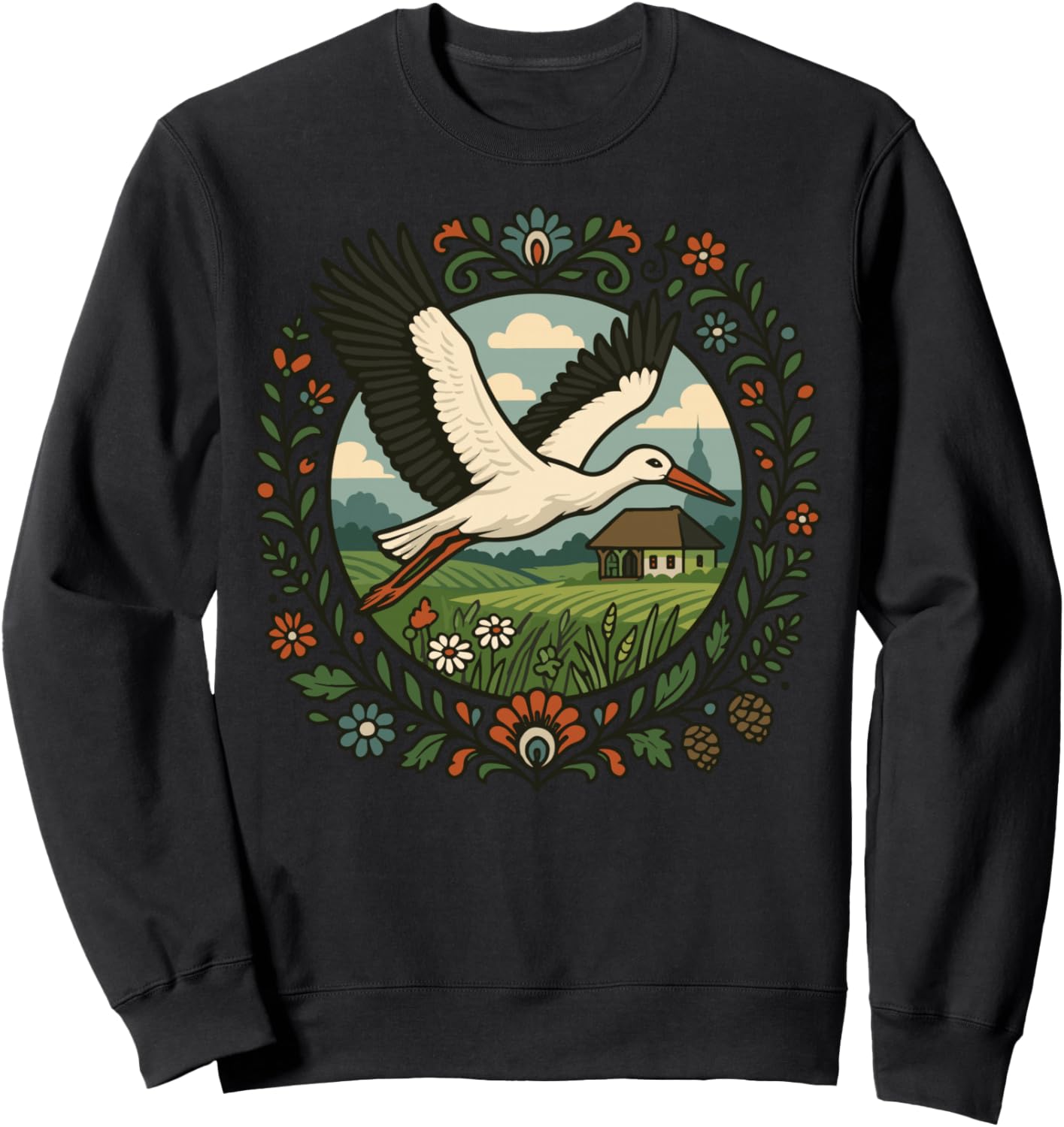 Folk Stork Flying Polish Village Nature Flower Art Sweatshirt - Sweatshirt | Black