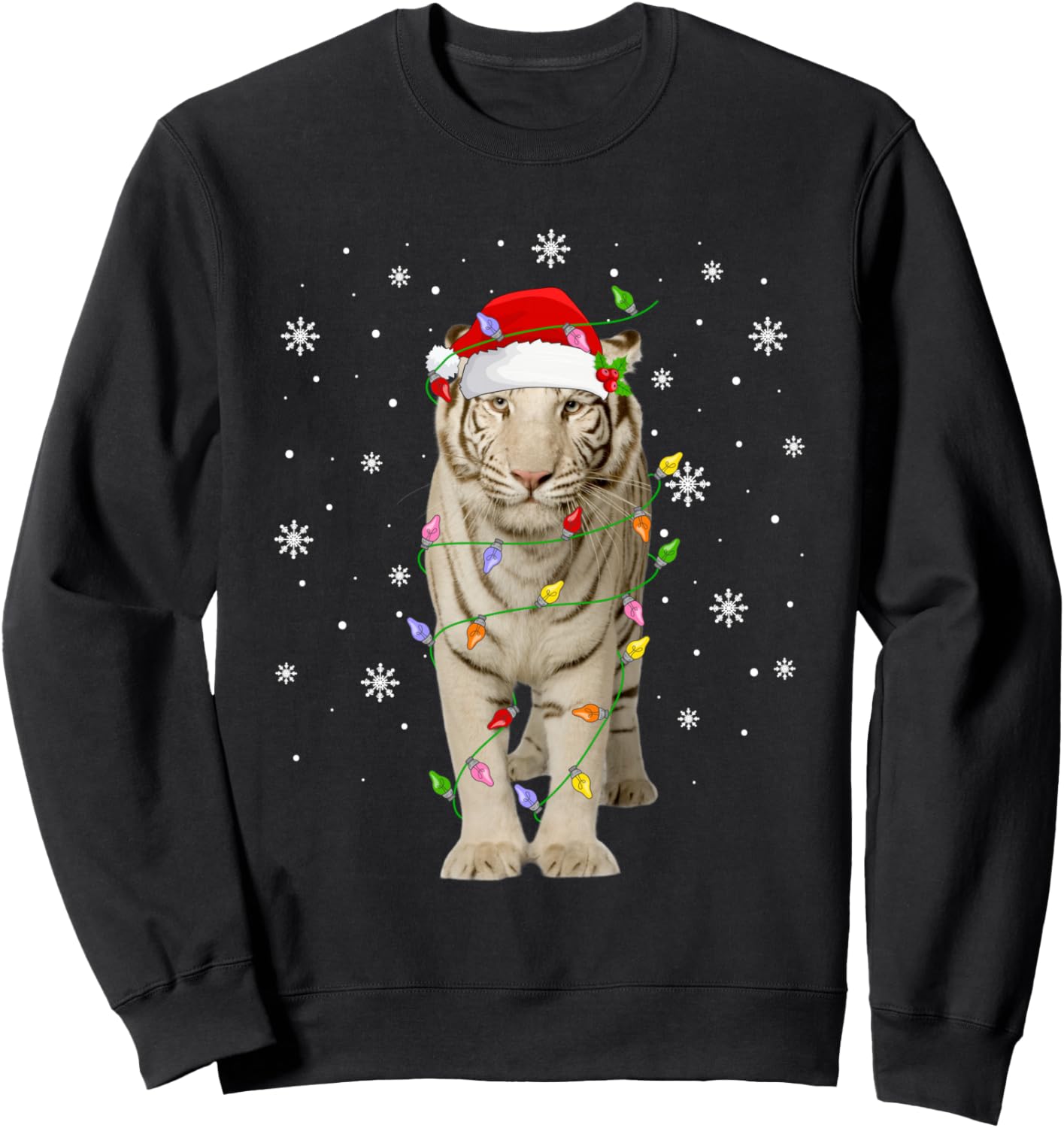 White Tiger Christmas Lights Funny Santa Animal Lover Xmas Sweatshirt - Sweatshirt | Black