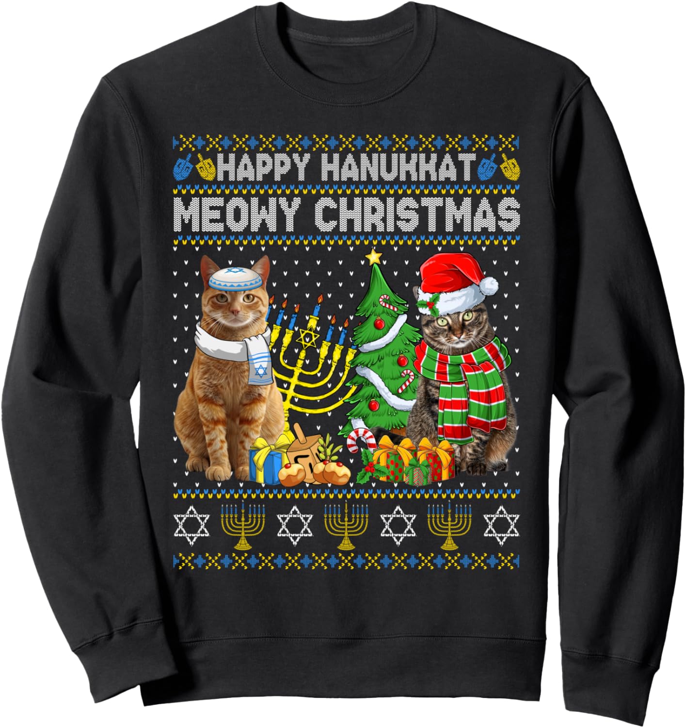 Happy Hanukkat Meowy Christmas Pajamas Ugly Sweater Cats Sweatshirt - Sweatshirt | Black