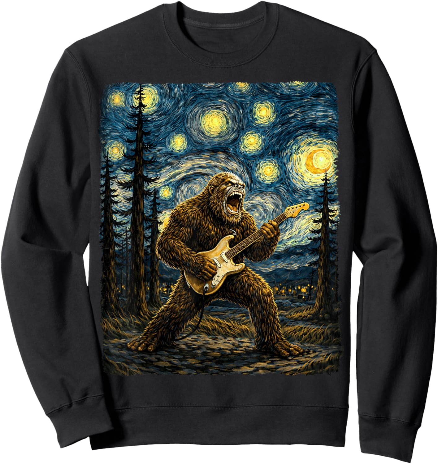 Bigfoot Playing Guitar in Starry Night Van Gogh Graphic Sweatshirt - Sweatshirt | Black