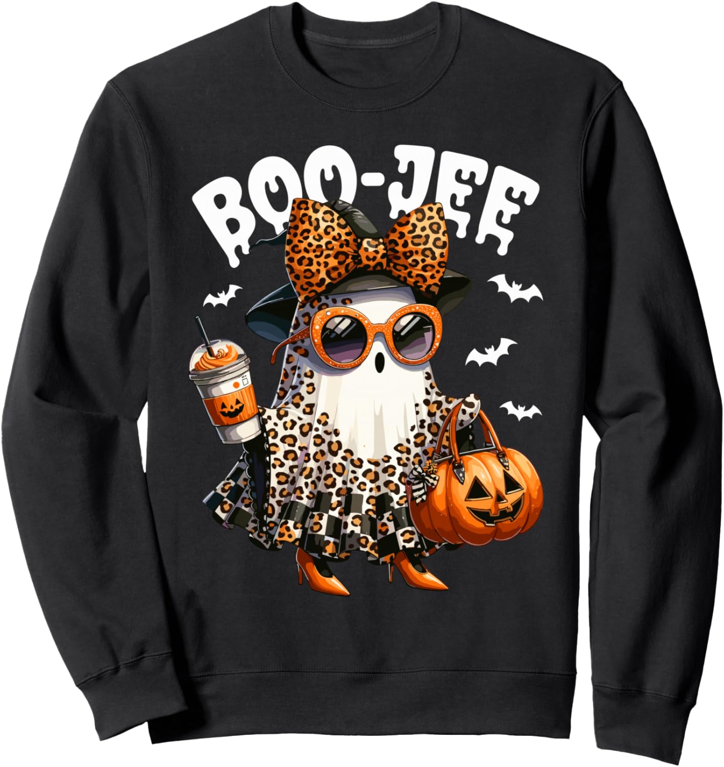 Boo Jee Ghost Boojee Leopard Bow Spooky Vibes Halloween Sweatshirt - Sweatshirt | Black