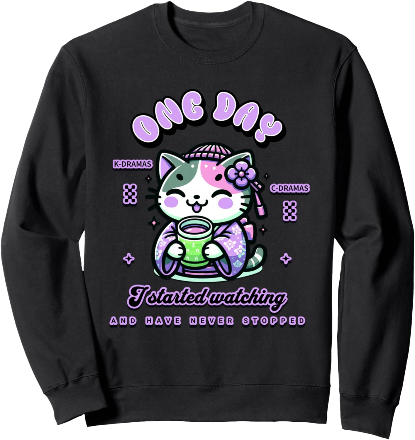 Cute Cat Watching K-Dramas and C-Dramas Sweatshirt - Sweatshirt | Black
