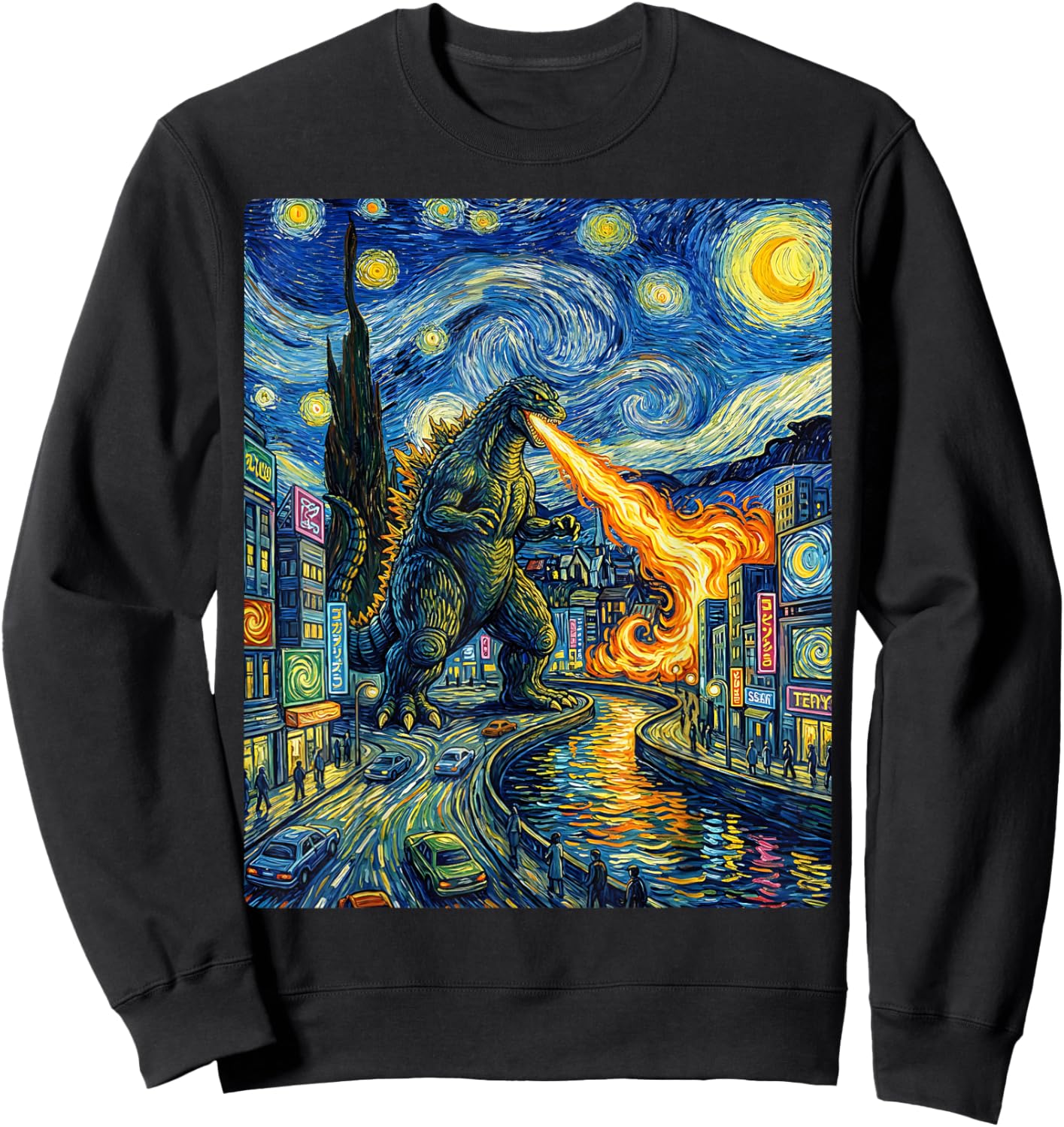 Kaiju Monster Japanese Vangogh starrynight City Vintage Sweatshirt - Sweatshirt | Black