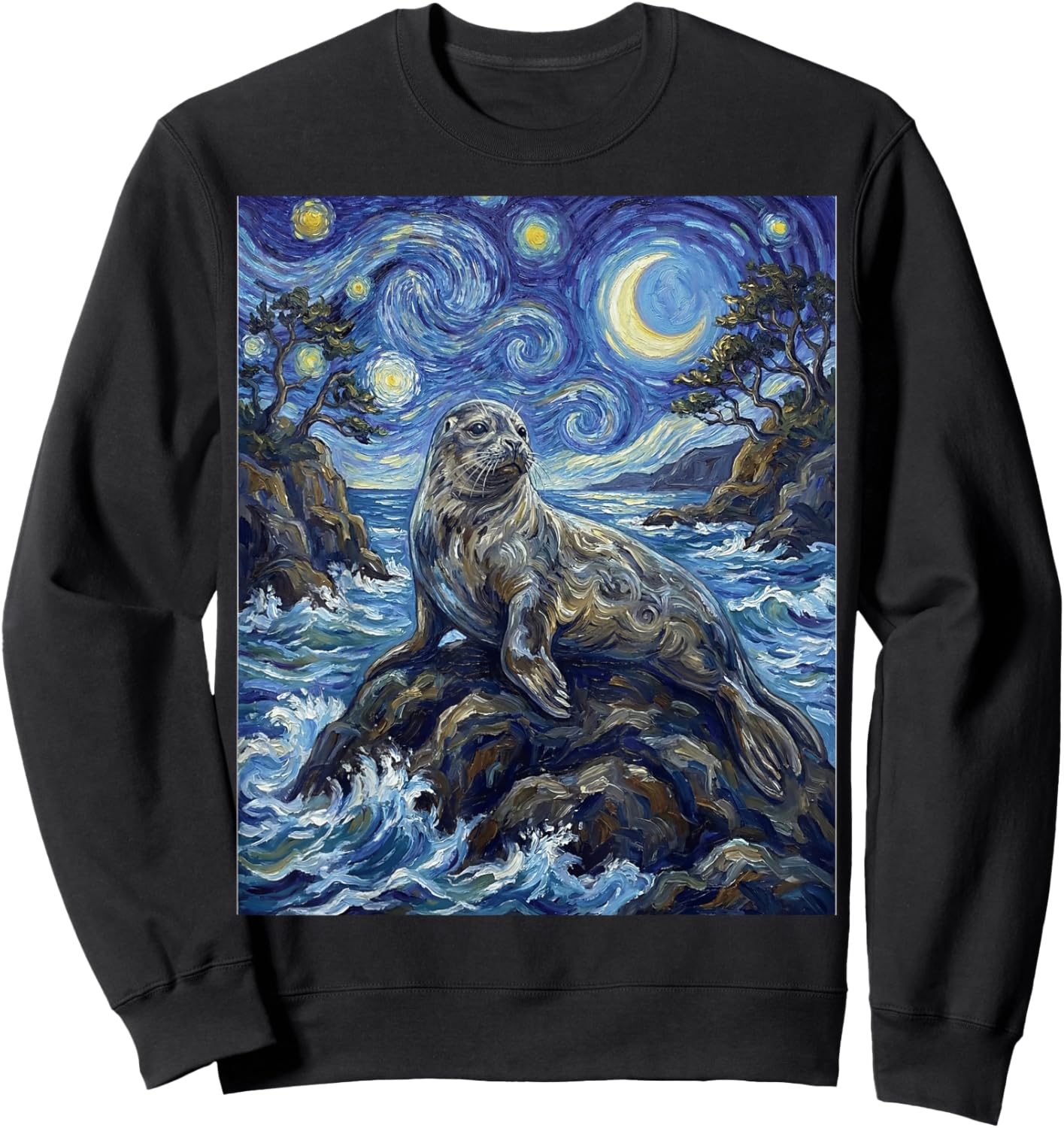 Seal Starry Night Art Painting Style Seal Sea Lion Sweatshirt - Sweatshirt | Black