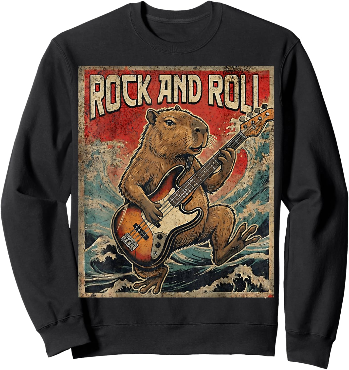 Capybara Playing Guitar Rock On Vintage Guitarist Capybara Sweatshirt - Sweatshirt | Black