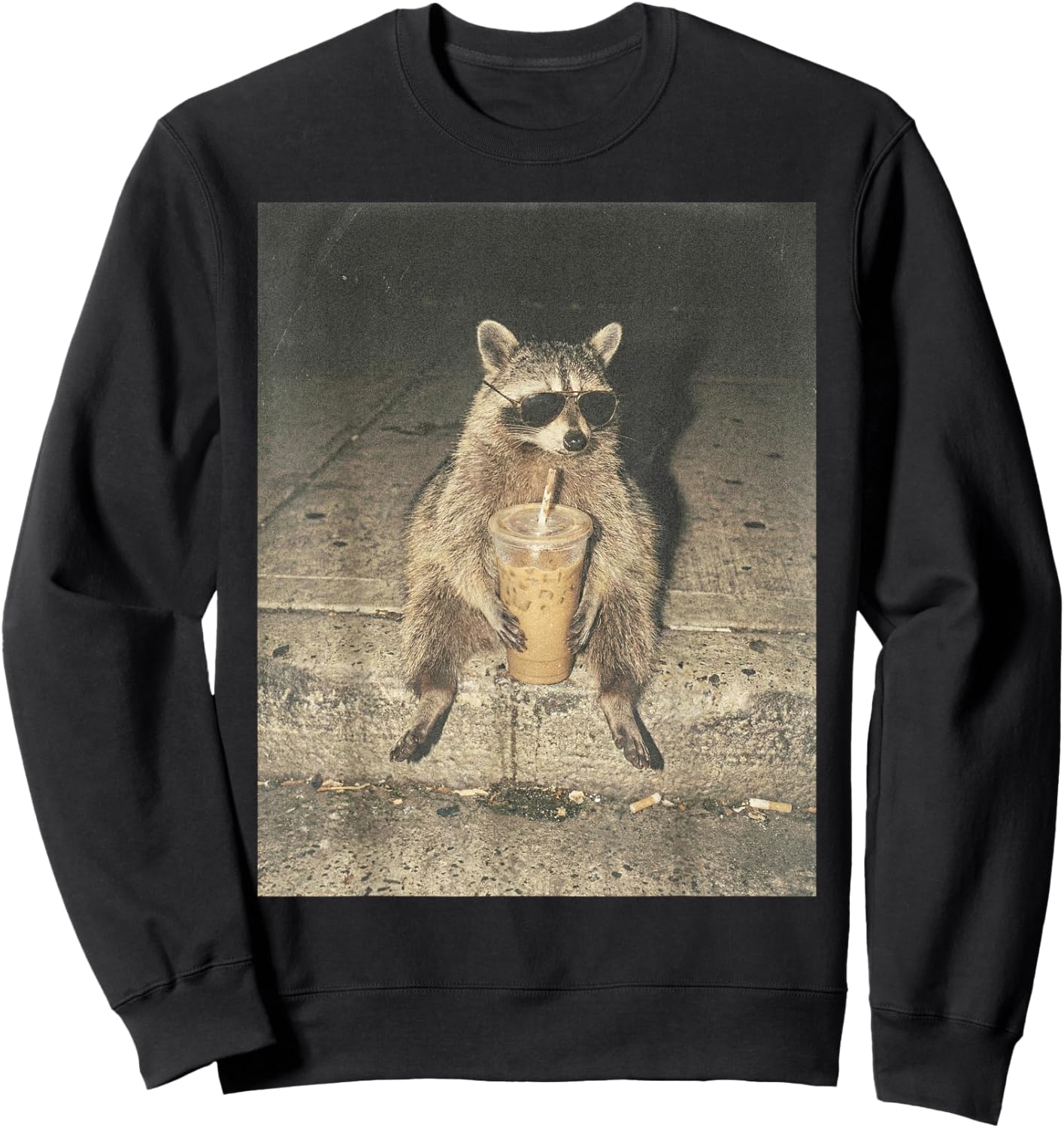 Funny Raccoon Drinking Iced Coffee Unhinged Meme Graphic Sweatshirt - Sweatshirt | Black
