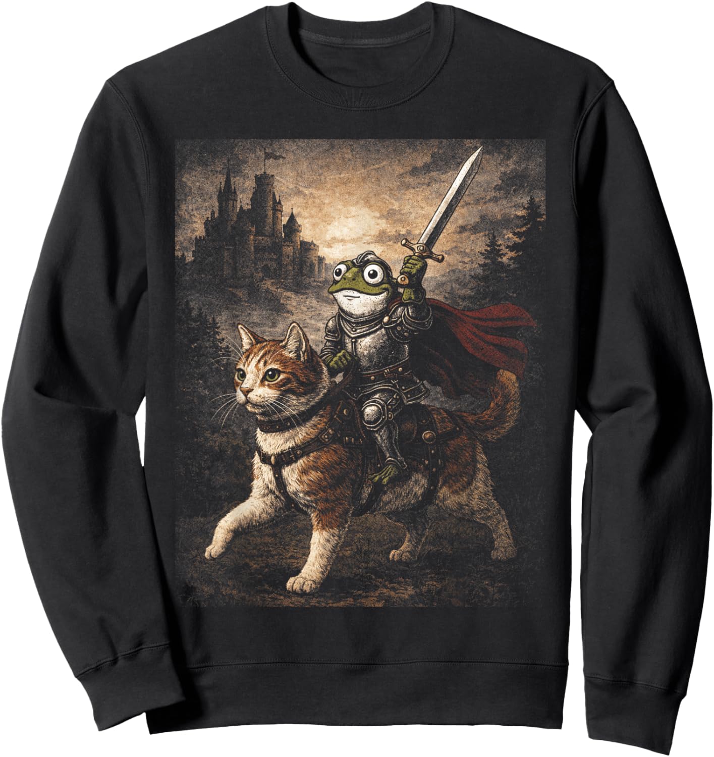 Funny Medieval Frog Knight Riding Cat Sword Meme Animal Sweatshirt - Sweatshirt | Black