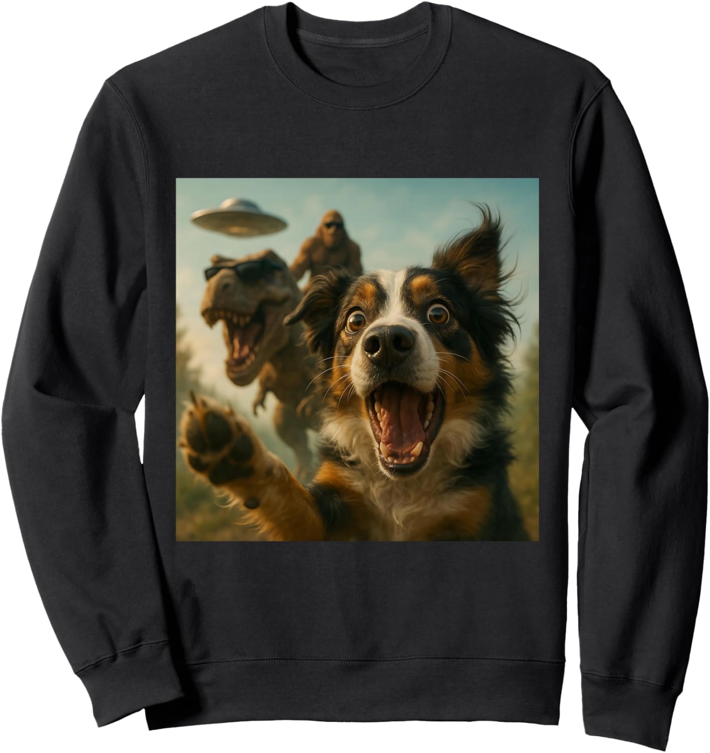 Shocked Australian Shepherd Dog T-Rex Bigfoot UFO Selfie Sweatshirt - Sweatshirt | Black