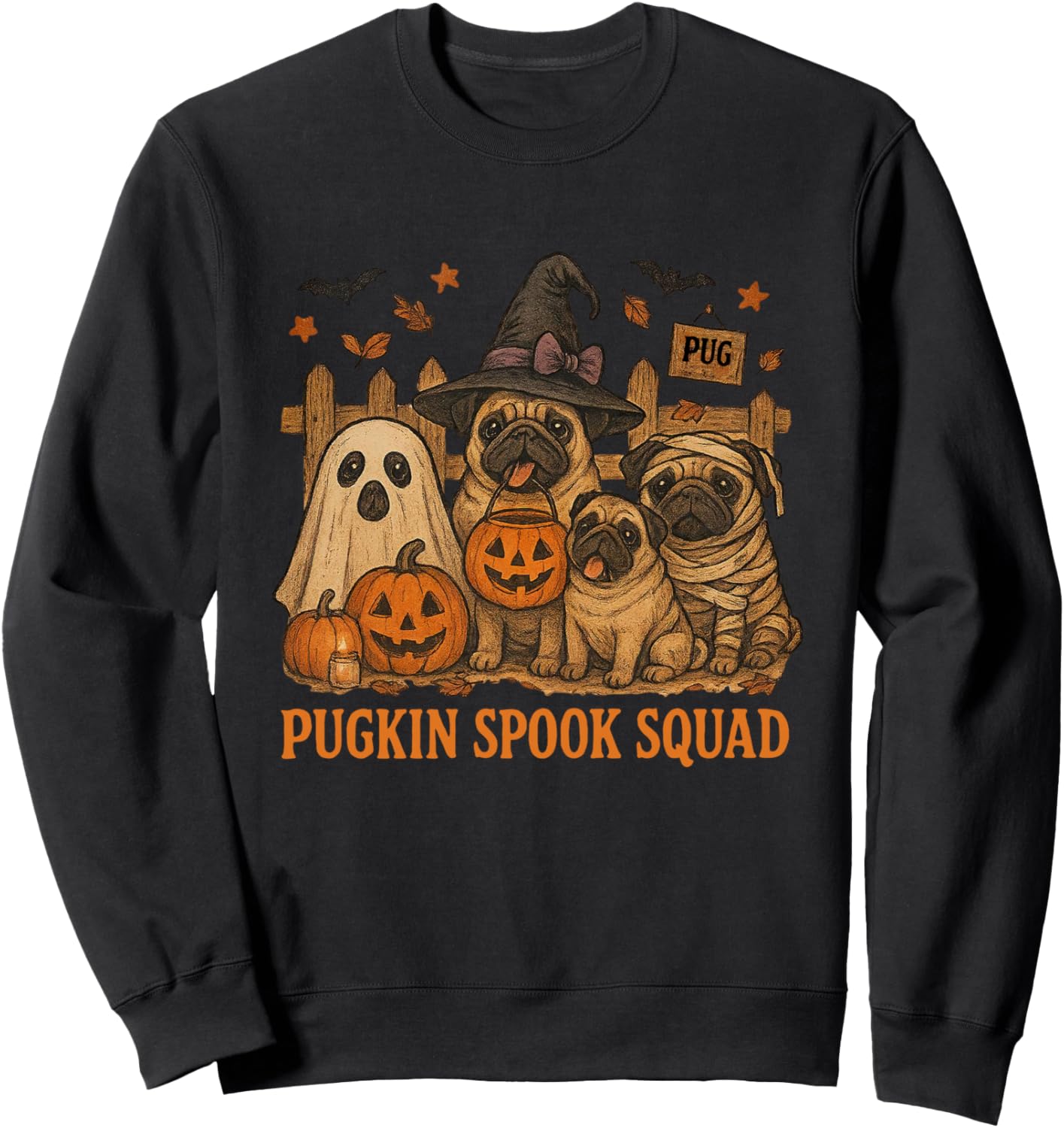 Pugkin Spook Squad Cute Pug Halloween Spooky Ghost Pumpkin Sweatshirt - Sweatshirt | Black