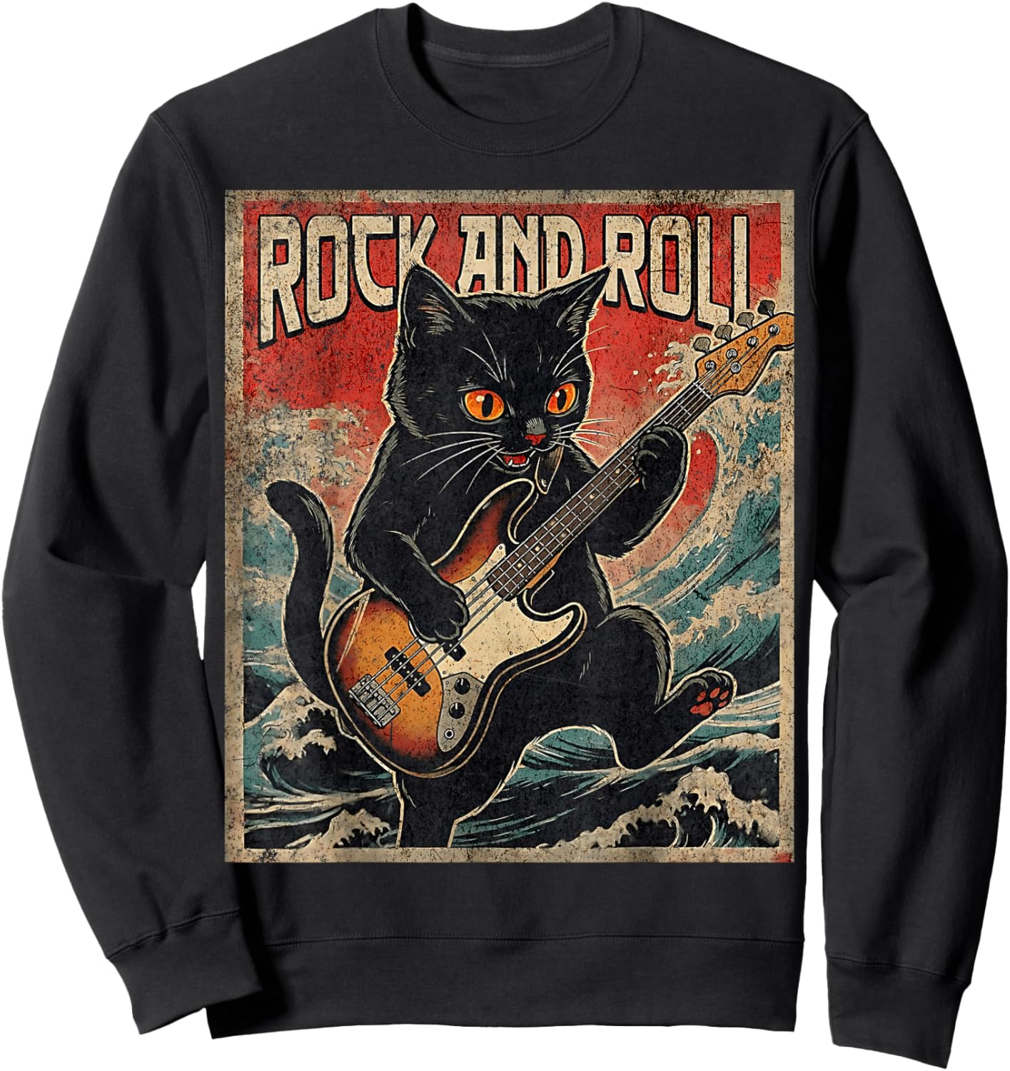 Cat Playing Bass Guitar Rock On Vintage Rock Guitarist Cat Sweatshirt - Sweatshirt | Black