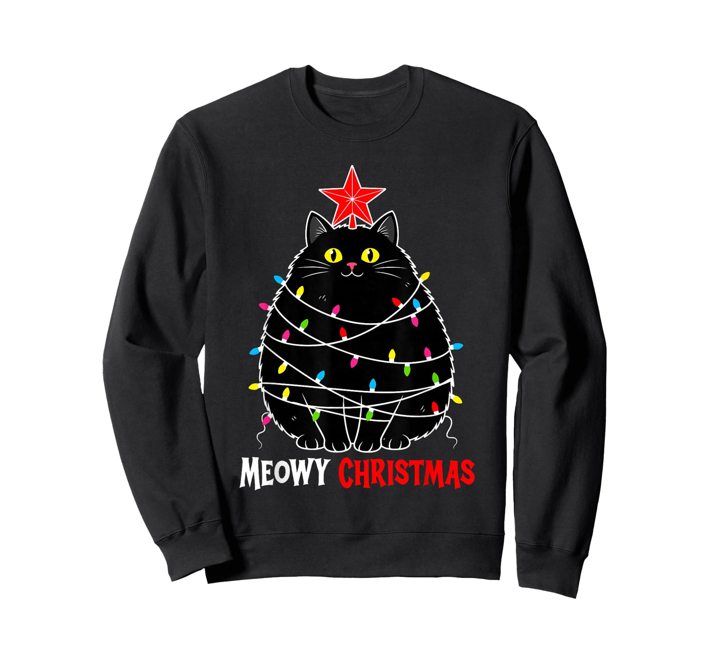 Funny Meowy Christmas Xmas Lights Black Cat Kitten Pet Lover T-Shirt