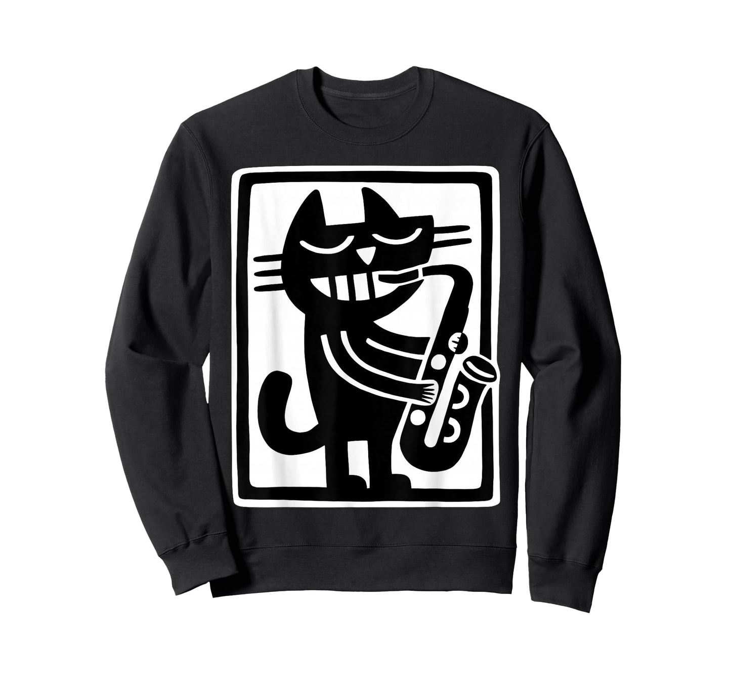 Black Cat Playing Saxophone Jazz Music Retro Art T-Shirt