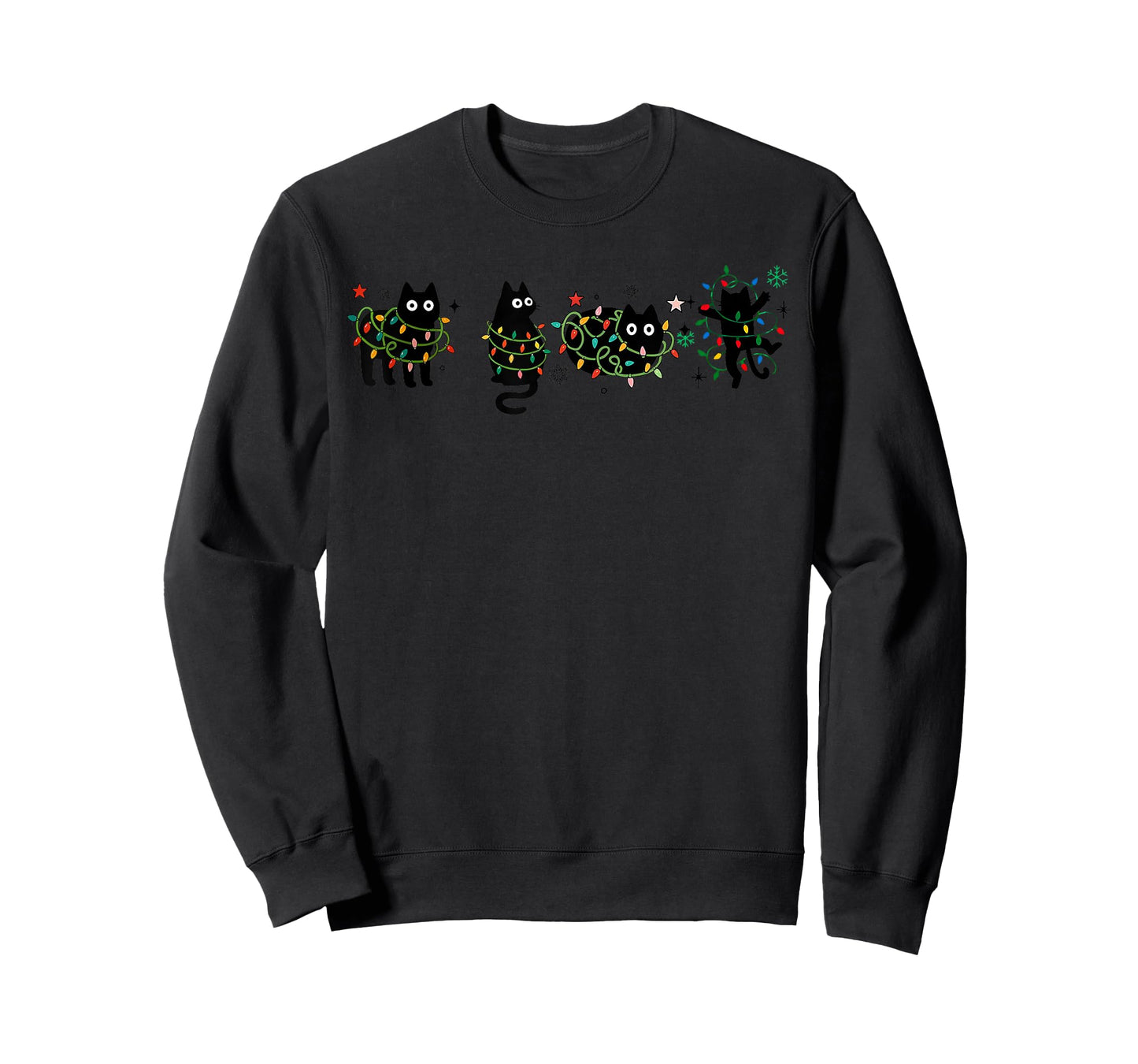 Meowy Christmas Xmas Lights Black Cat Pajamas Family Funny T-Shirt