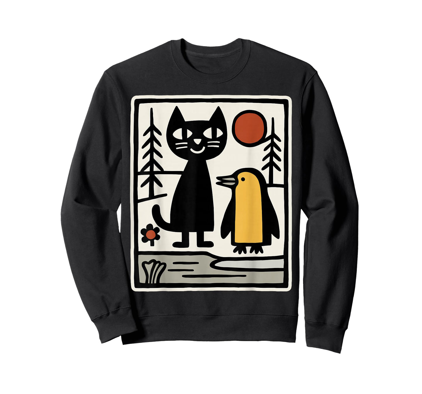Black Cat and Penguin Winter Animals Cute Snow Scene T-Shirt