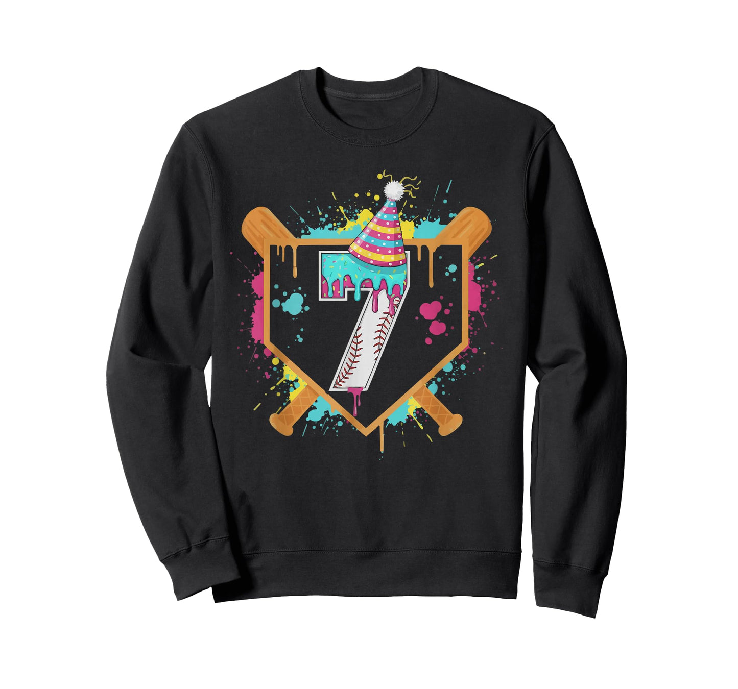 7th Birthday Baseball Ice Cream Drip 7 Year Old Birthday Boy T-Shirt