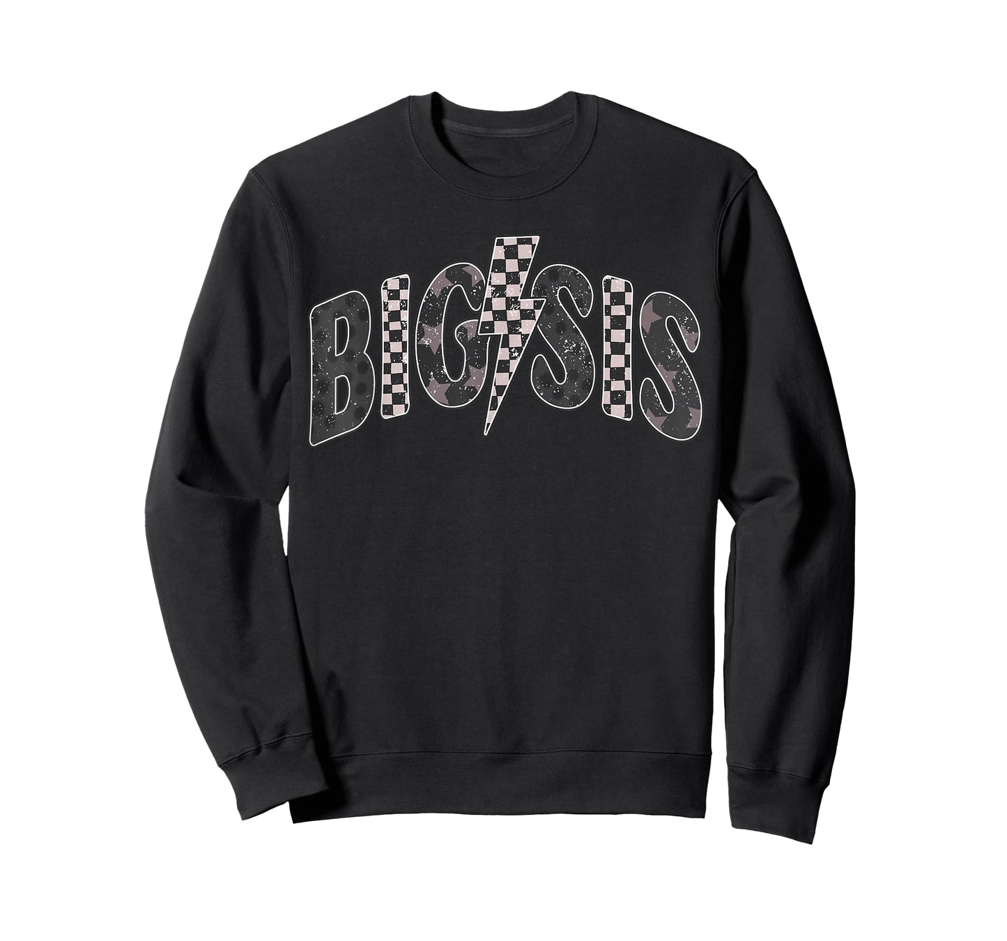 Checkered Big Sis New Sister Announcement Lightning Bolt T-Shirt