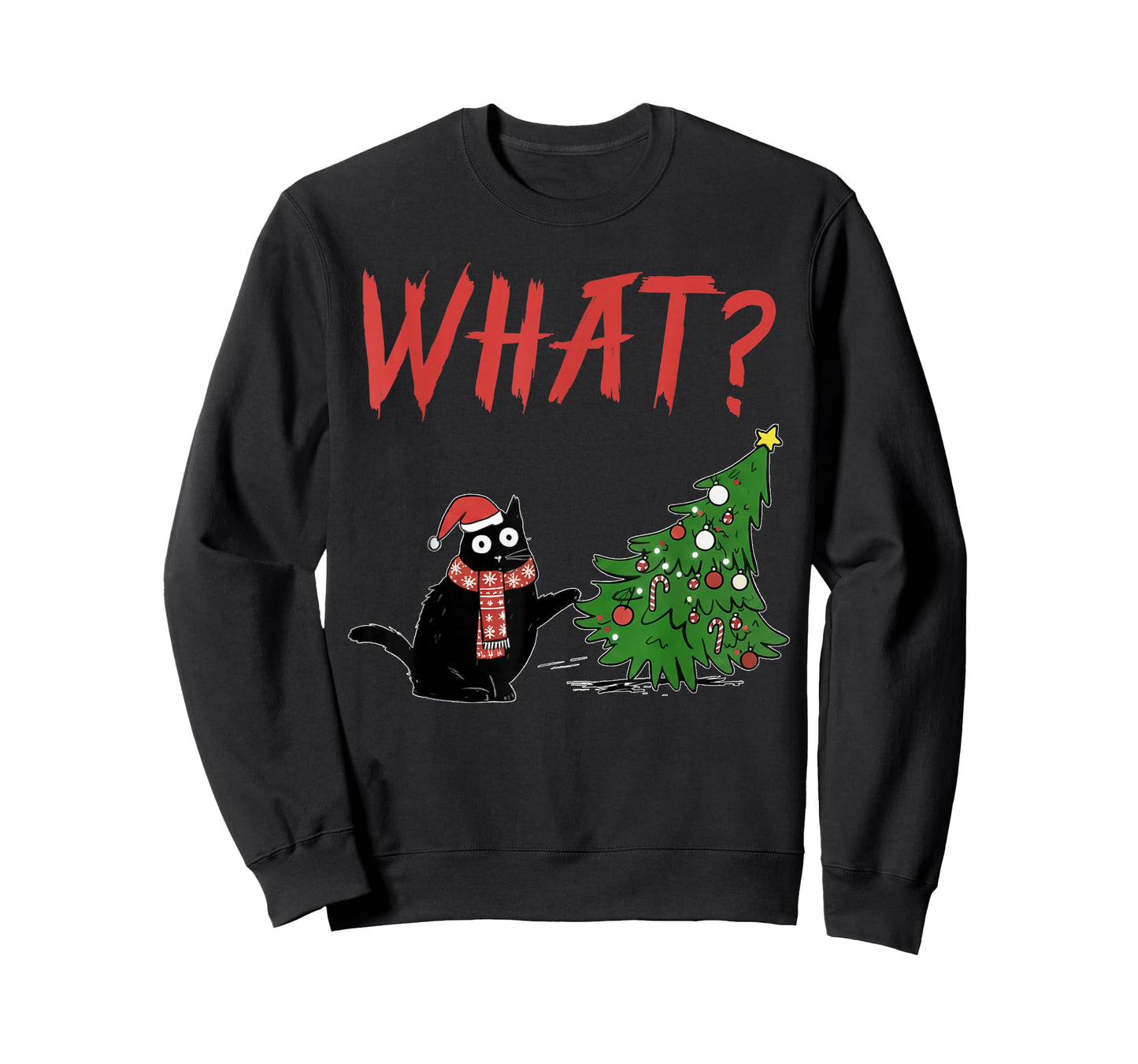 Funny Black Cat Gift Pushing Christmas Tree Over Cat What? T-Shirt
