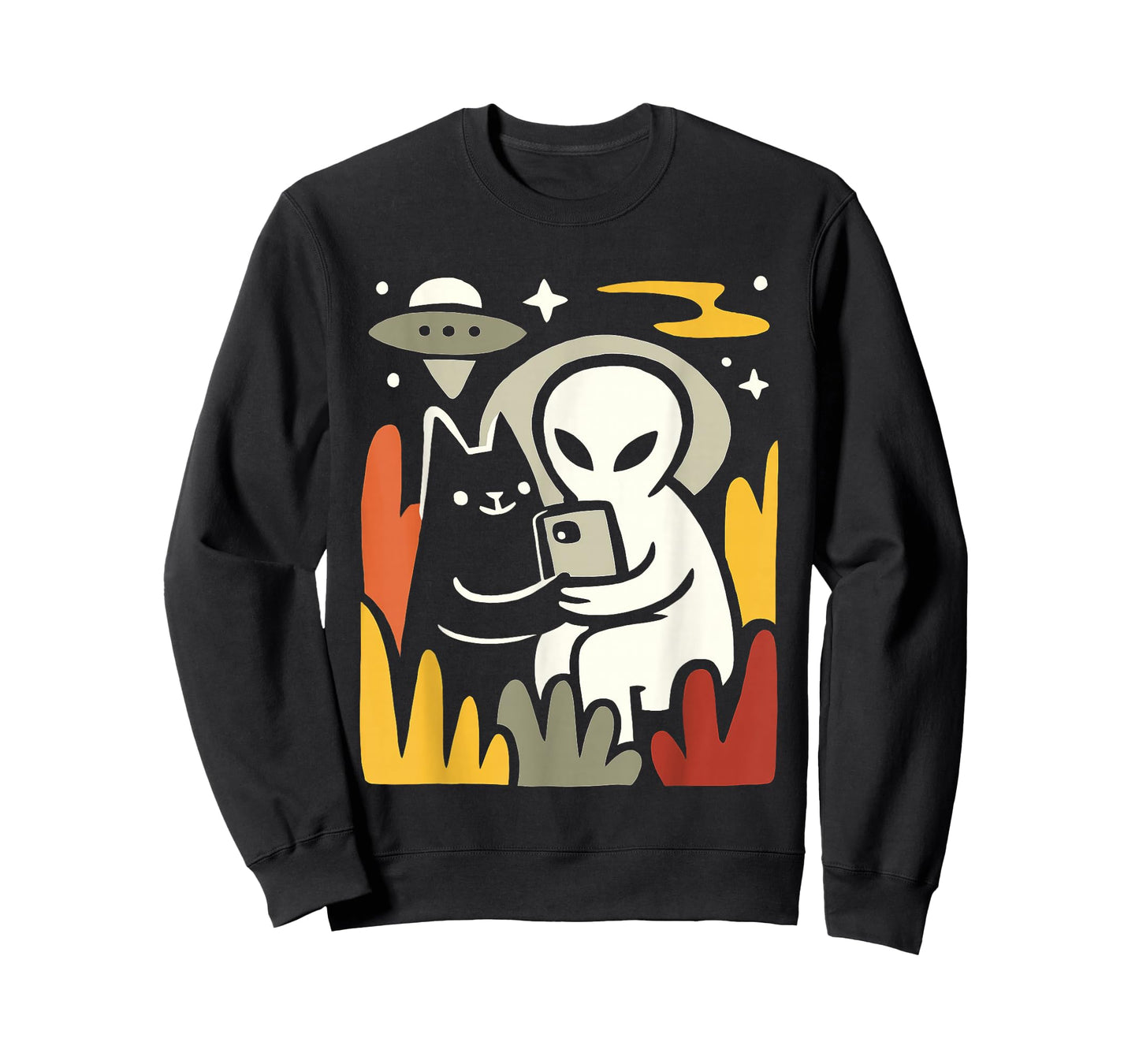 Alien and Cat Selfie Art – Funny UFO Space Illustration T-Shirt