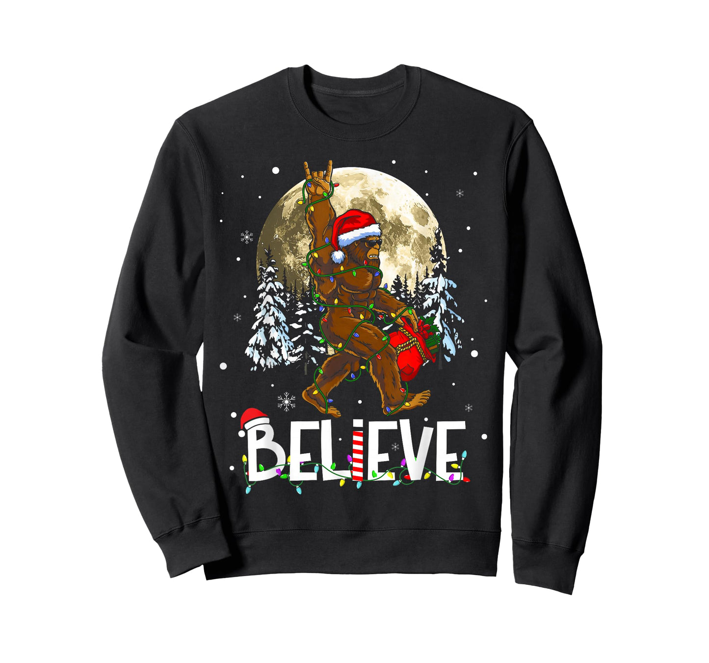 Funny Christmas Xmas Bigfoot Believe Sasquatch in Moon Light T-Shirt