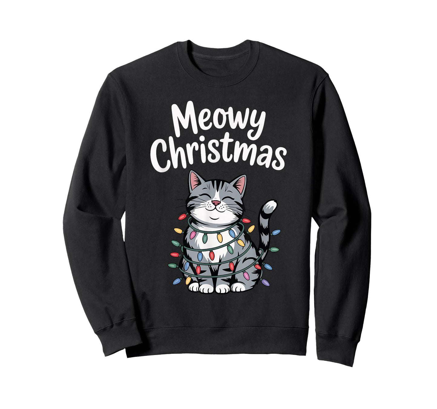 Meowy Christmas Cute Gray Tabby Cat Holiday Lights T-Shirt