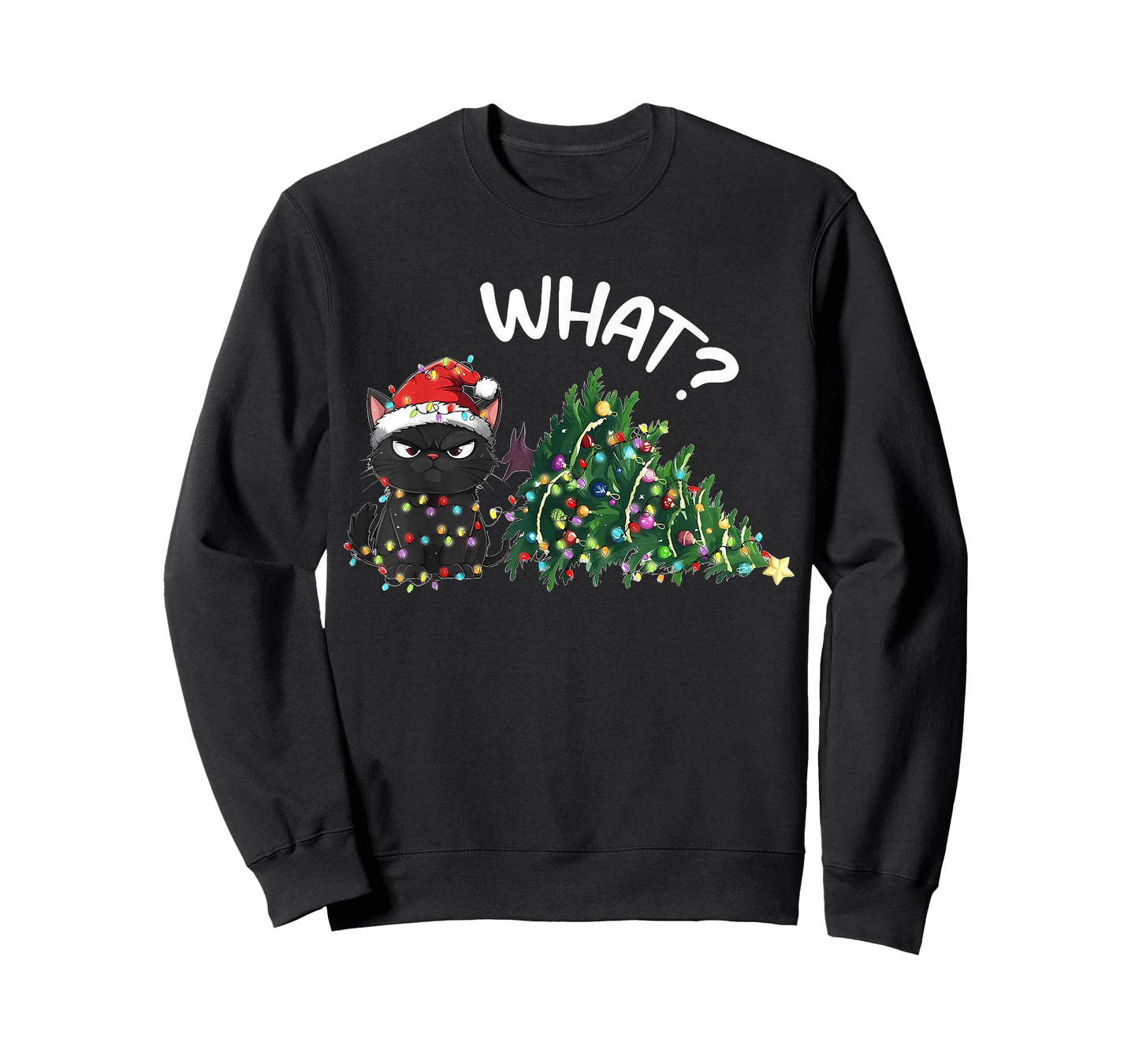 Funny Black Cat Christmas Tree Merry Xmas Humor Cat What? T-Shirt