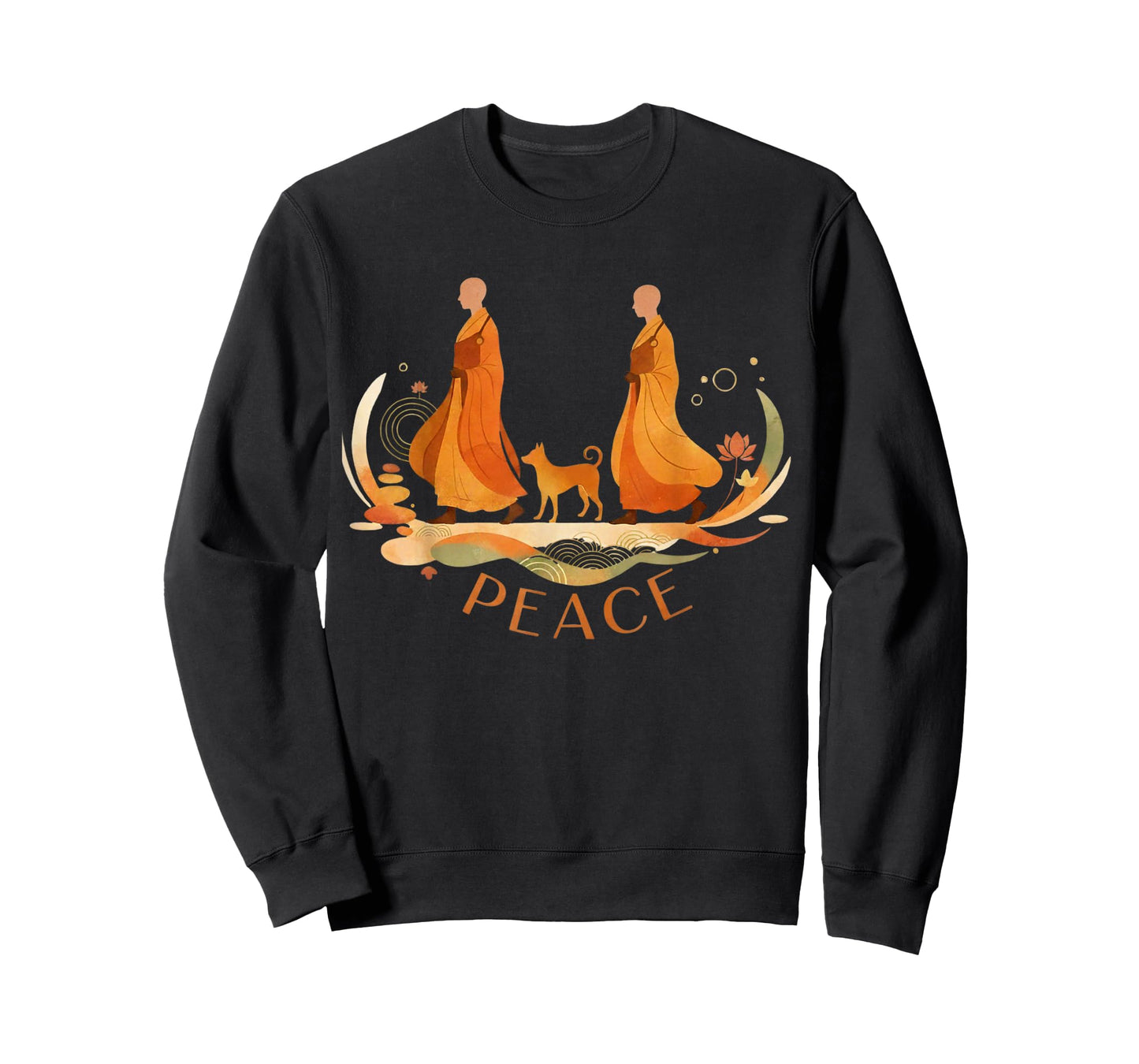 Peace Walking Monks & Dog Minimalist Zen Art T-Shirt