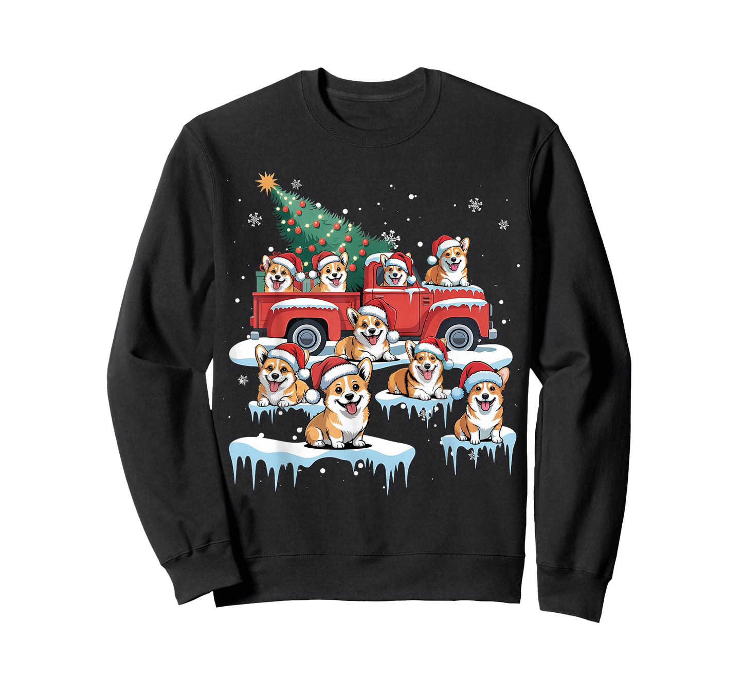 Corgi Dog Riding Red Truck Ugly Sweater Merry Christmas T-Shirt