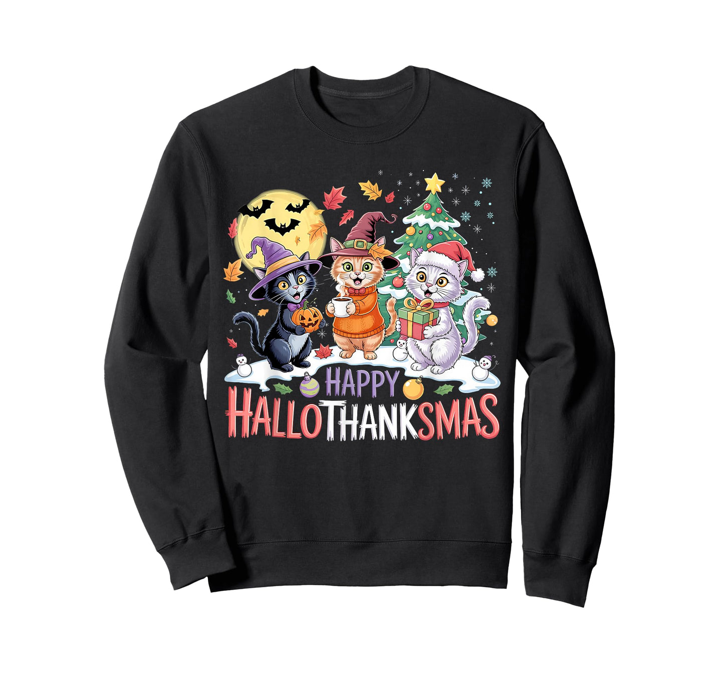 Halloween Thanksgiving Christmas Happy HalloThanksMas Cats T-Shirt