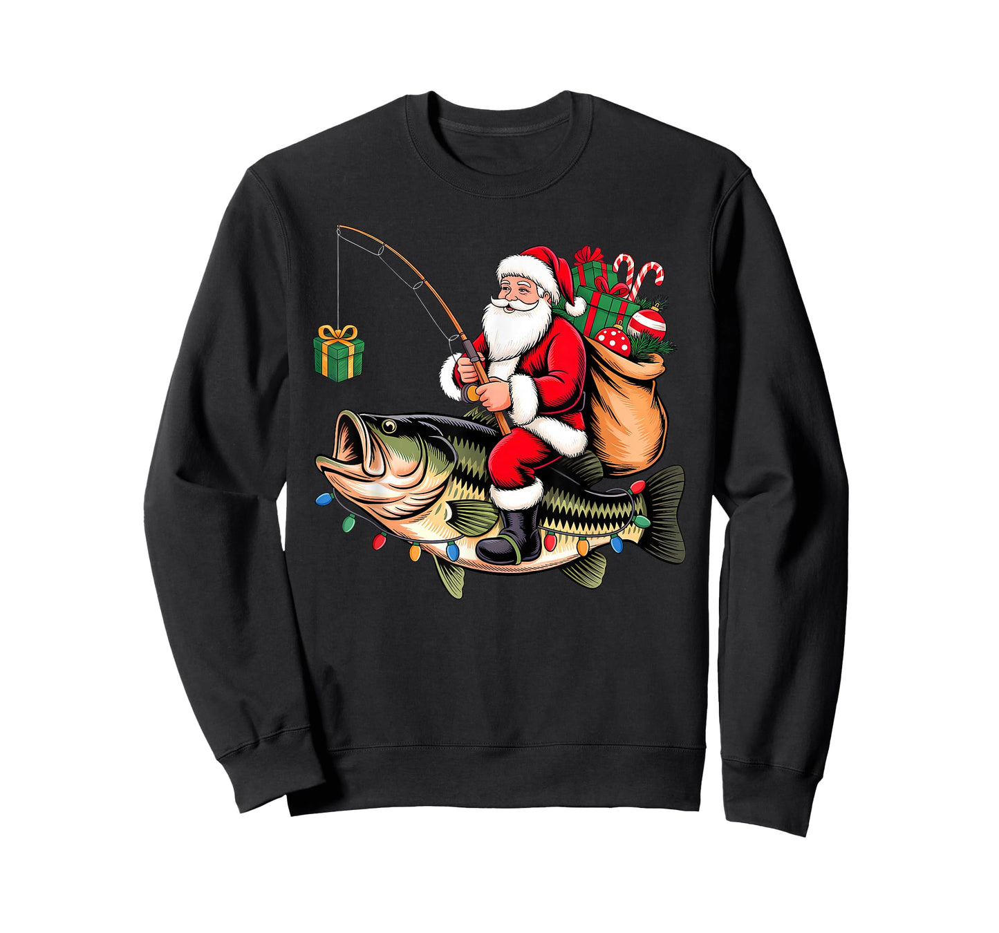 Santa Riding Bass Fish Christmas Fishing Funny Xmas Pajamas T-Shirt