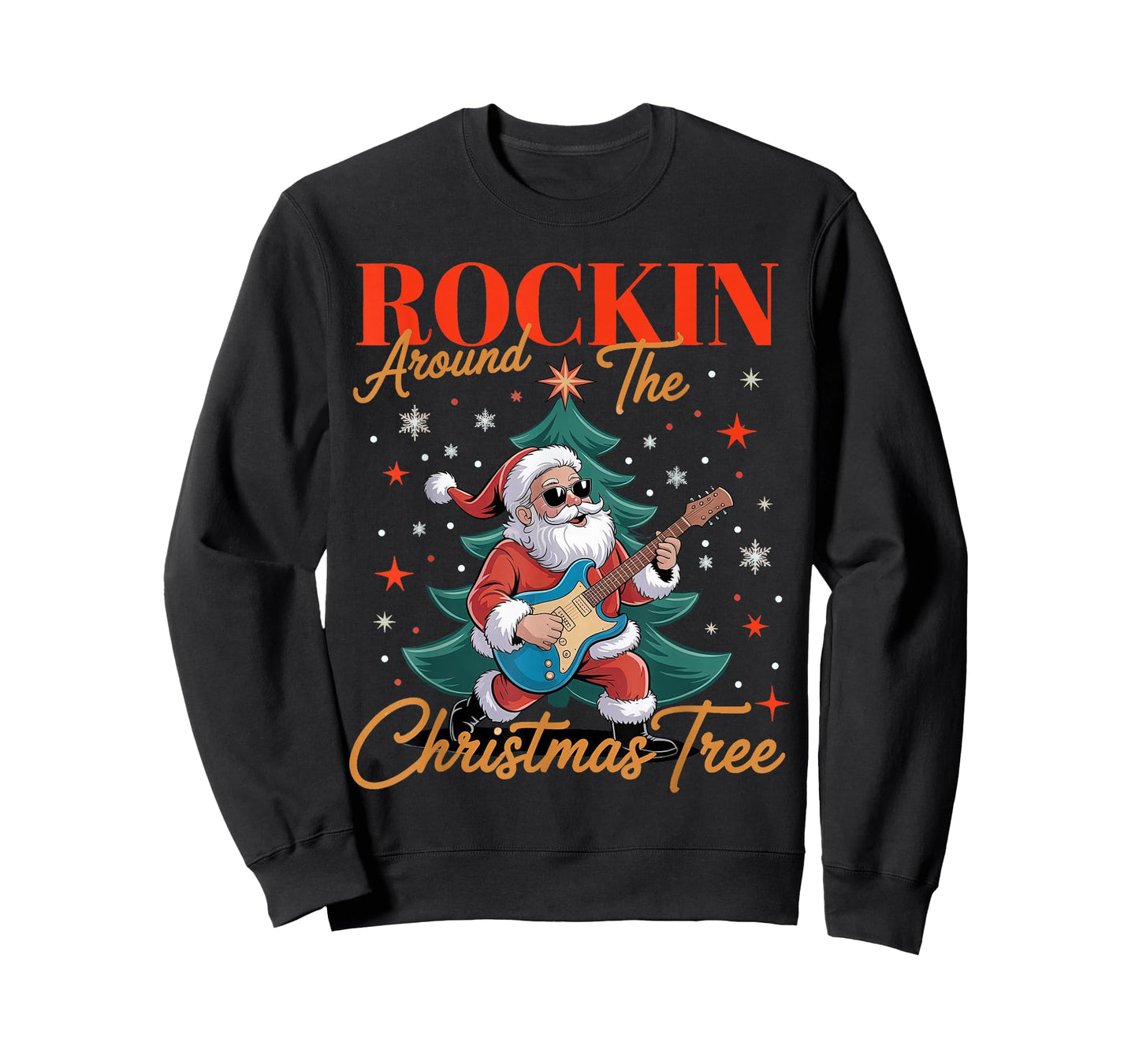 Rocking Around The Christmas Tree Santa Rock and Roll Guitar T-Shirt