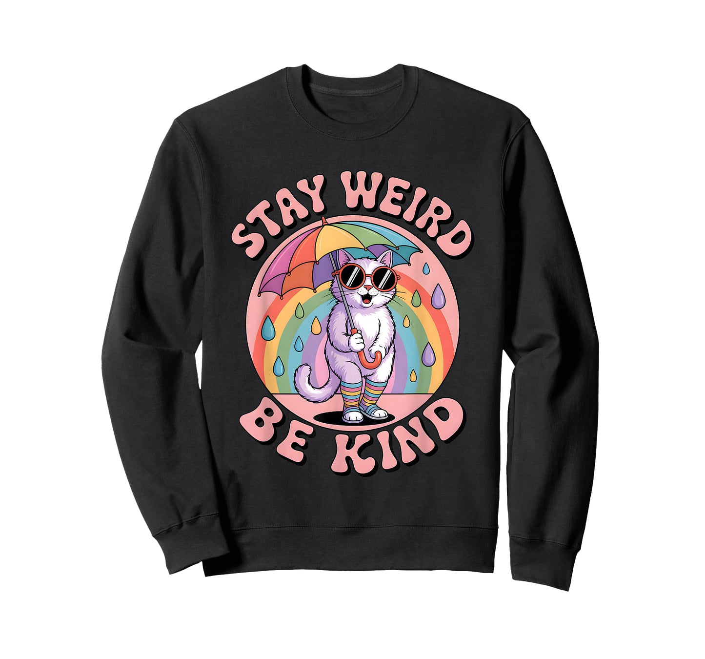 Stay Weird Be Kind Kindness Retro 80s Groovy Rainbow Cat T-Shirt