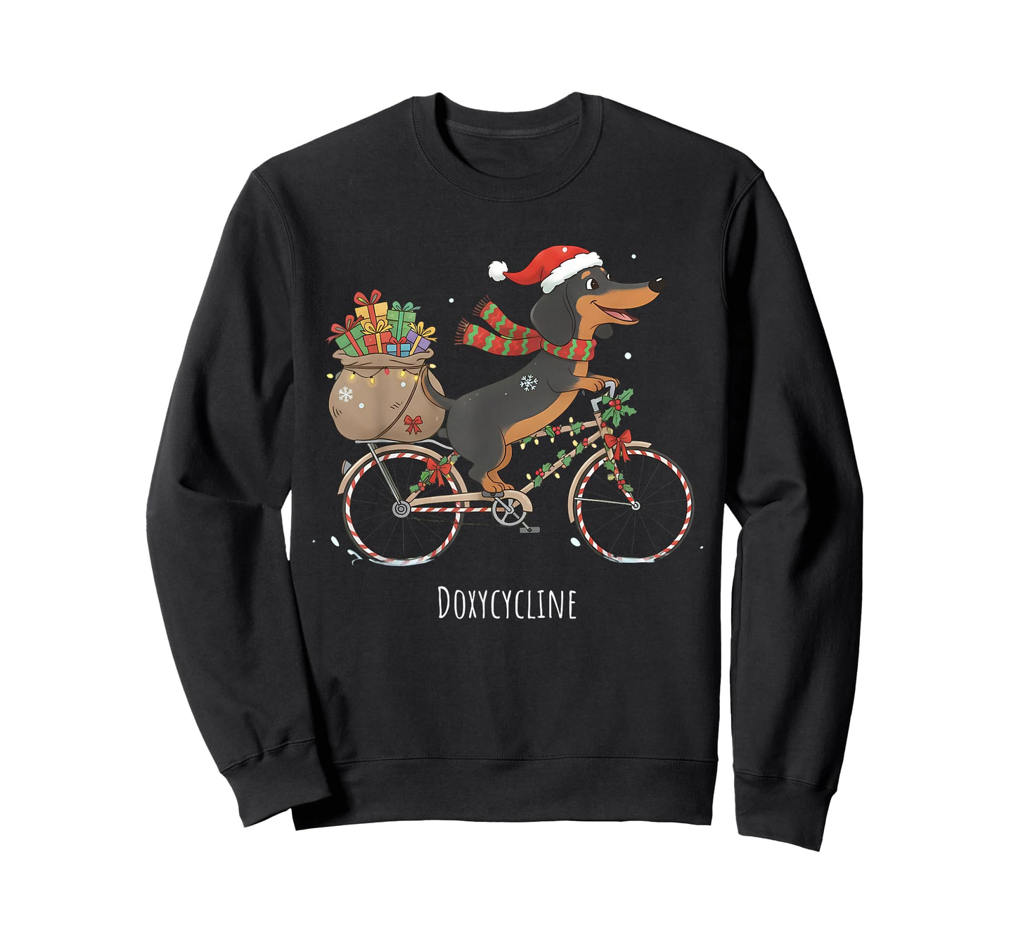 Doxycycline Pharmacy Funny Dachshund On Bicycle Christmas T-Shirt