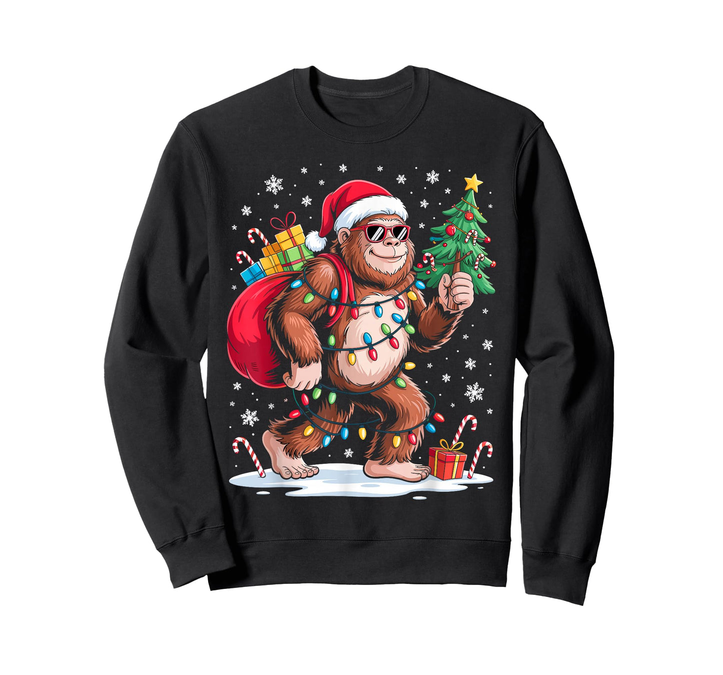 Funny Bigfoot Christmas Tree Xmas Lights Funny Sasquatch T-Shirt