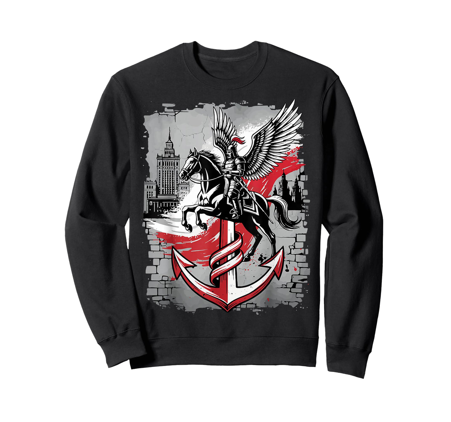 Winged Hussar Polish Anchor PW Symbol Warsaw Skyline Art T-Shirt